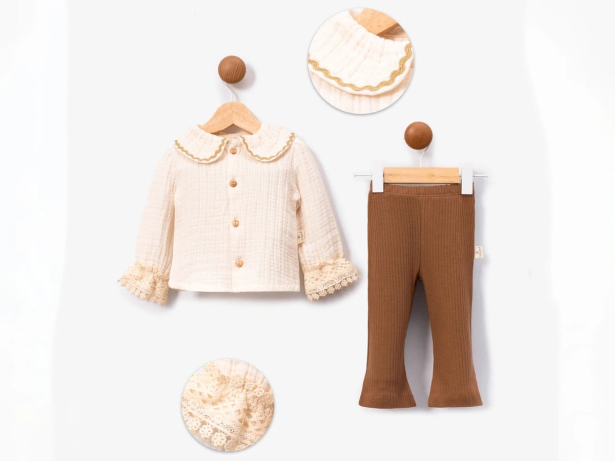Lace Trim Muslin Baby Girl Set - Brown - Cayzen - by Peralane