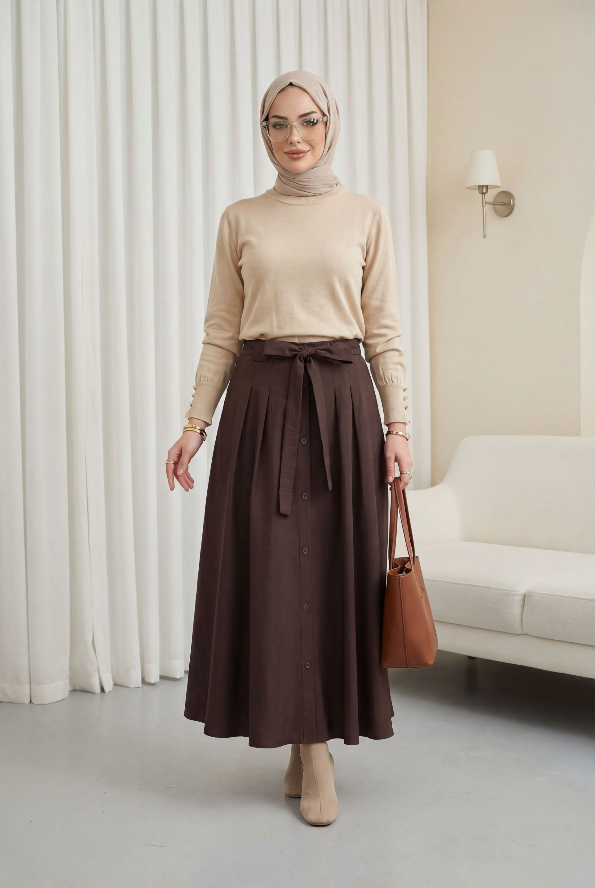 Round Neck Long Sleeve Button Detail Knit Tunic - Light Beige - Podyumplus - by Peralane - photo 3