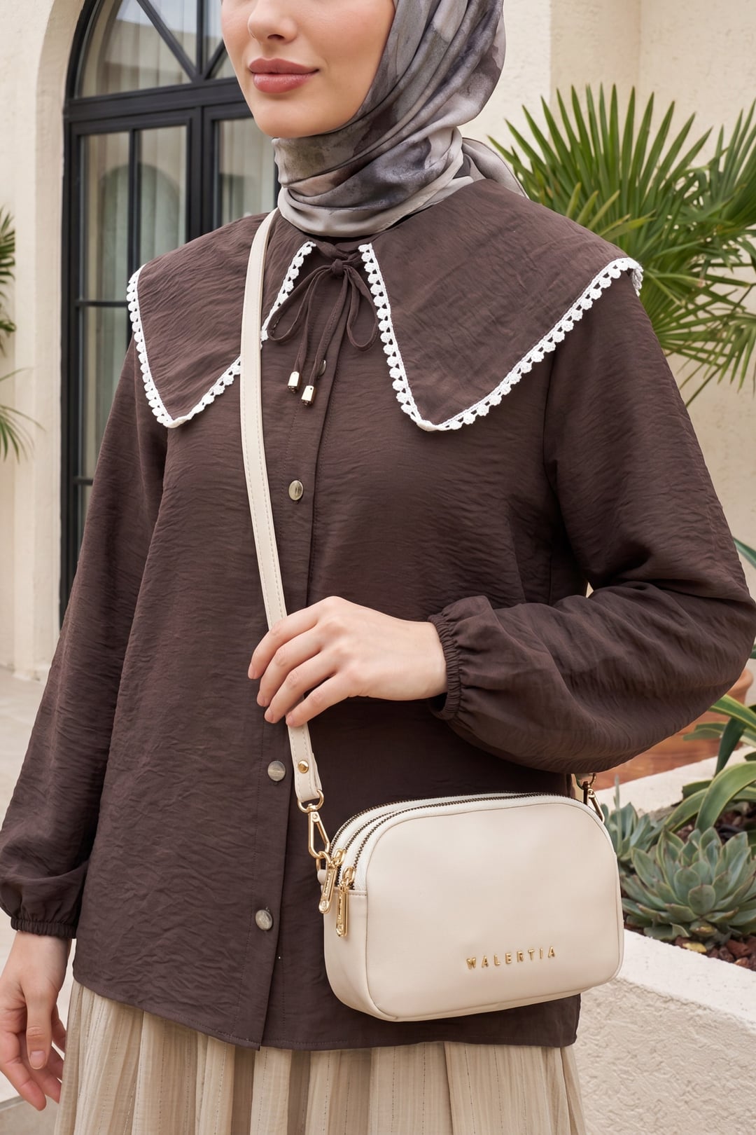Brown Lace-Trimmed Blouse and Pleated Skirt Set - Podyumplus - by Peralane - photo 3