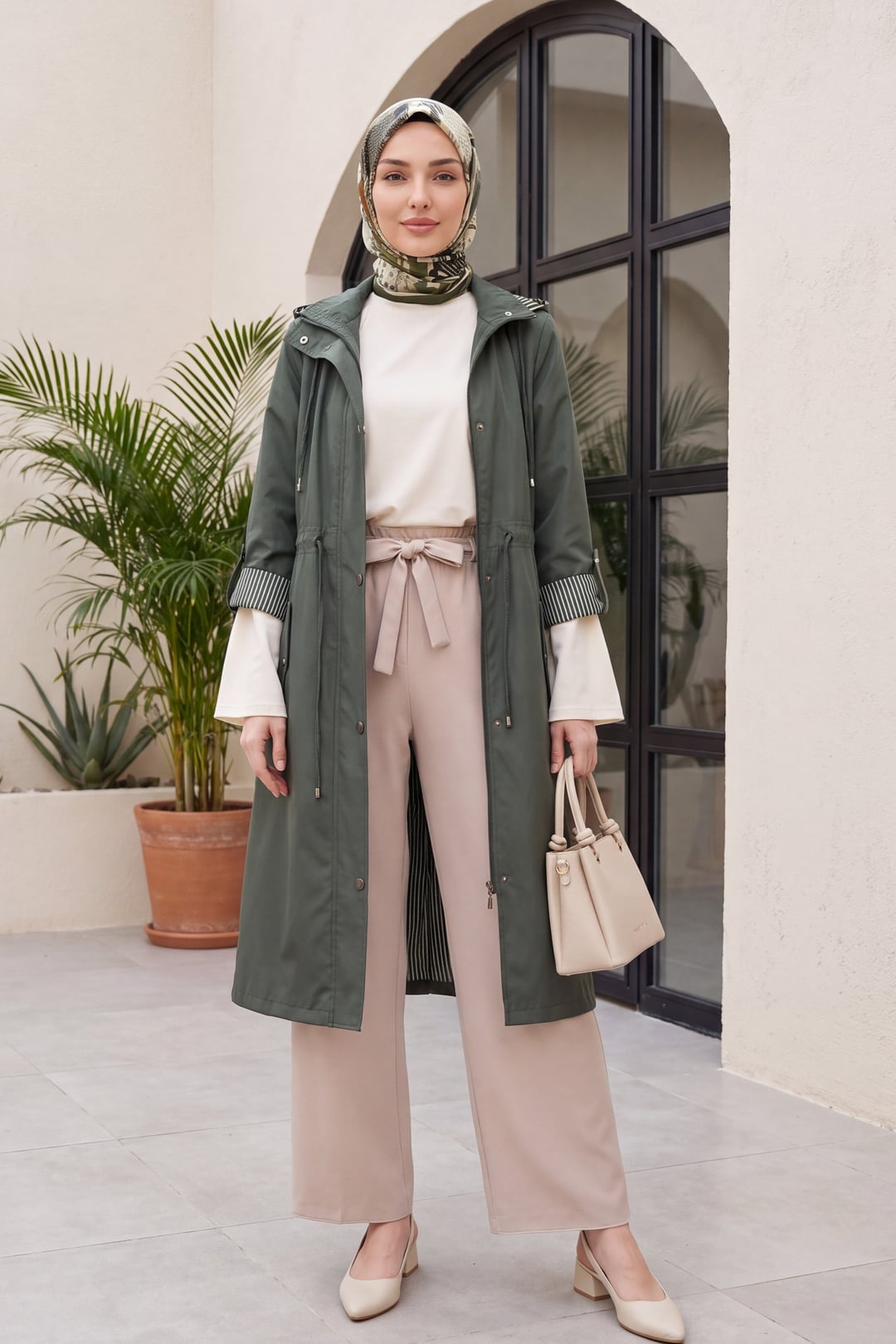 Women's Hooded Trench Coat with Striped Lining - Olive - Podyumplus - by Peralane - photo 4