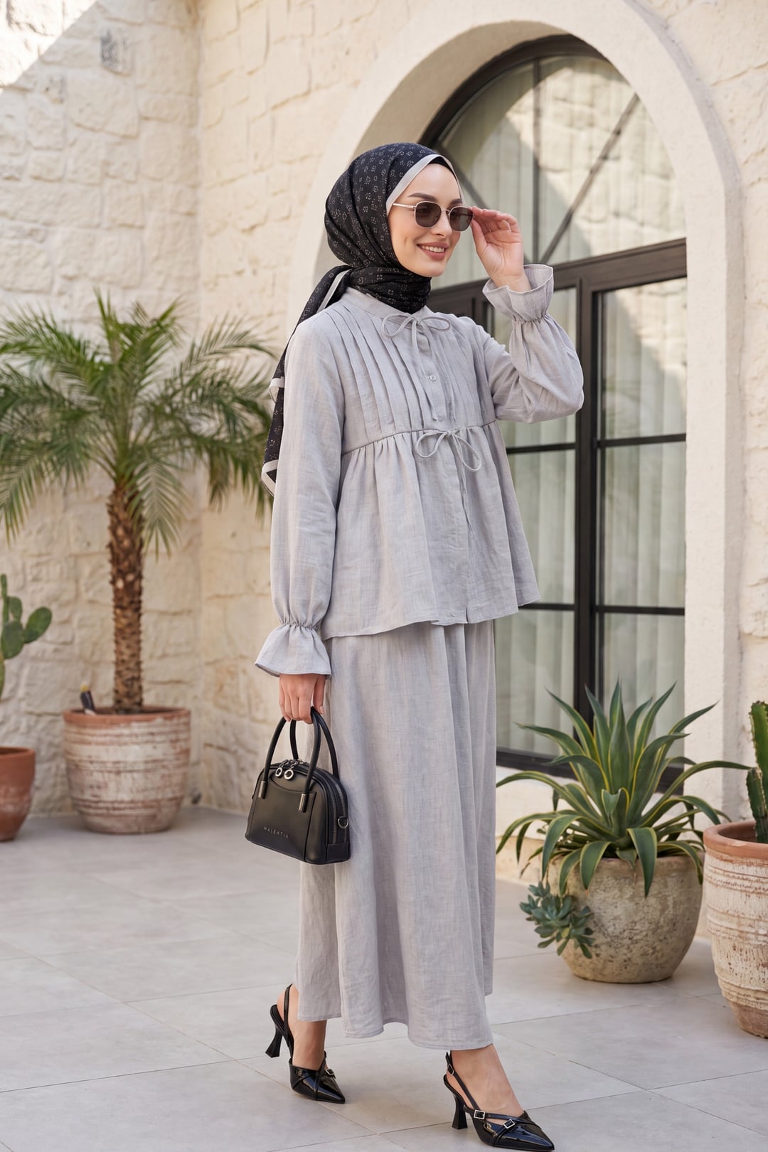 Half Button Tie Front Skirt Set with Elastic Cuffs - Light Grey - Podyumplus - by Peralane - photo 2