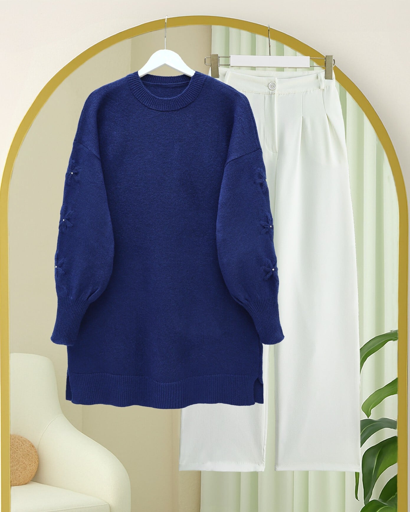 Women's Navy Blue Knit Tunic with Floral Sleeve Detail and Round Neck - Podyumplus - by Peralane - photo 6