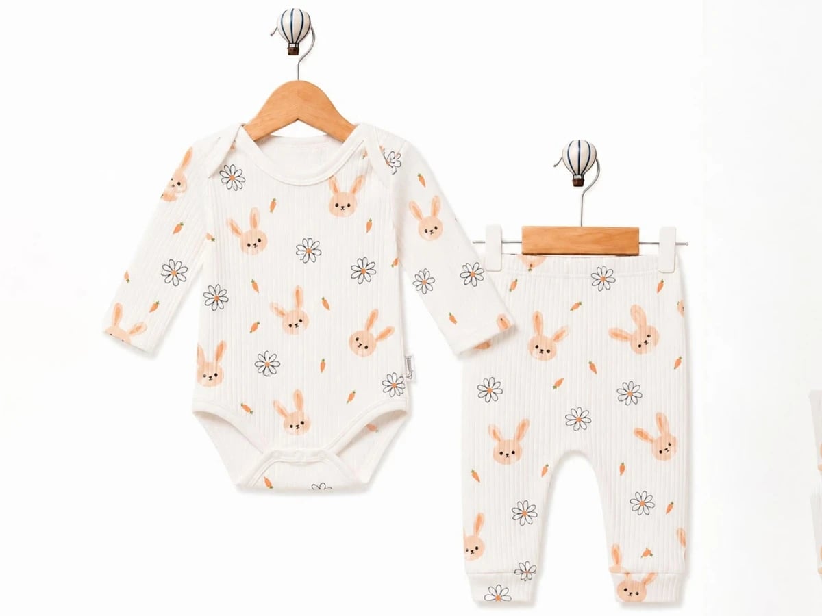 Salmon Bunny Print Baby Boy Bodysuit and Leggings Set - Supermini - by Peralane