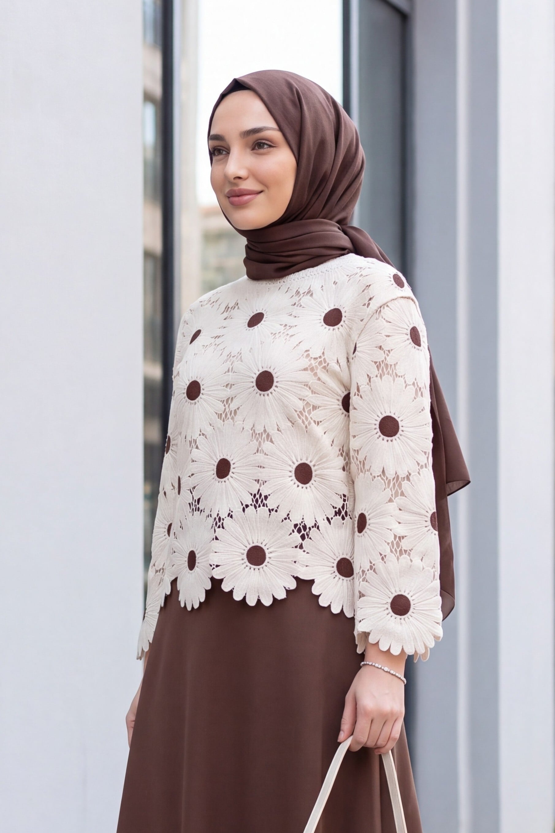 Boat Neck Daisy Pattern Knit Blouse - Brown - Podyumplus - by Peralane - photo 3