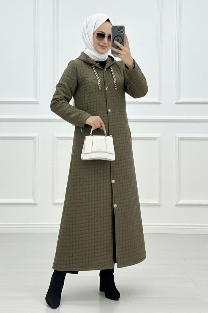 Long Quilted Jacket with Chain Collar Detail - Olive Green - Podyumplus - by Peralane - photo 8