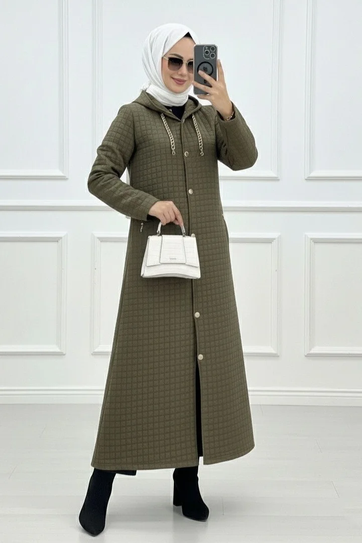 Long Quilted Jacket with Chain Collar Detail - Olive Green - Podyumplus - by Peralane - photo 8