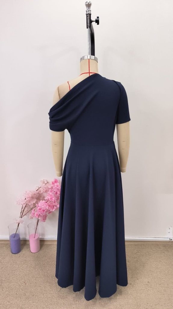 Women's Navy Blue Off-Shoulder Short Sleeve Pleated Crepe Midi Dress - Janes - by Peralane - photo 8