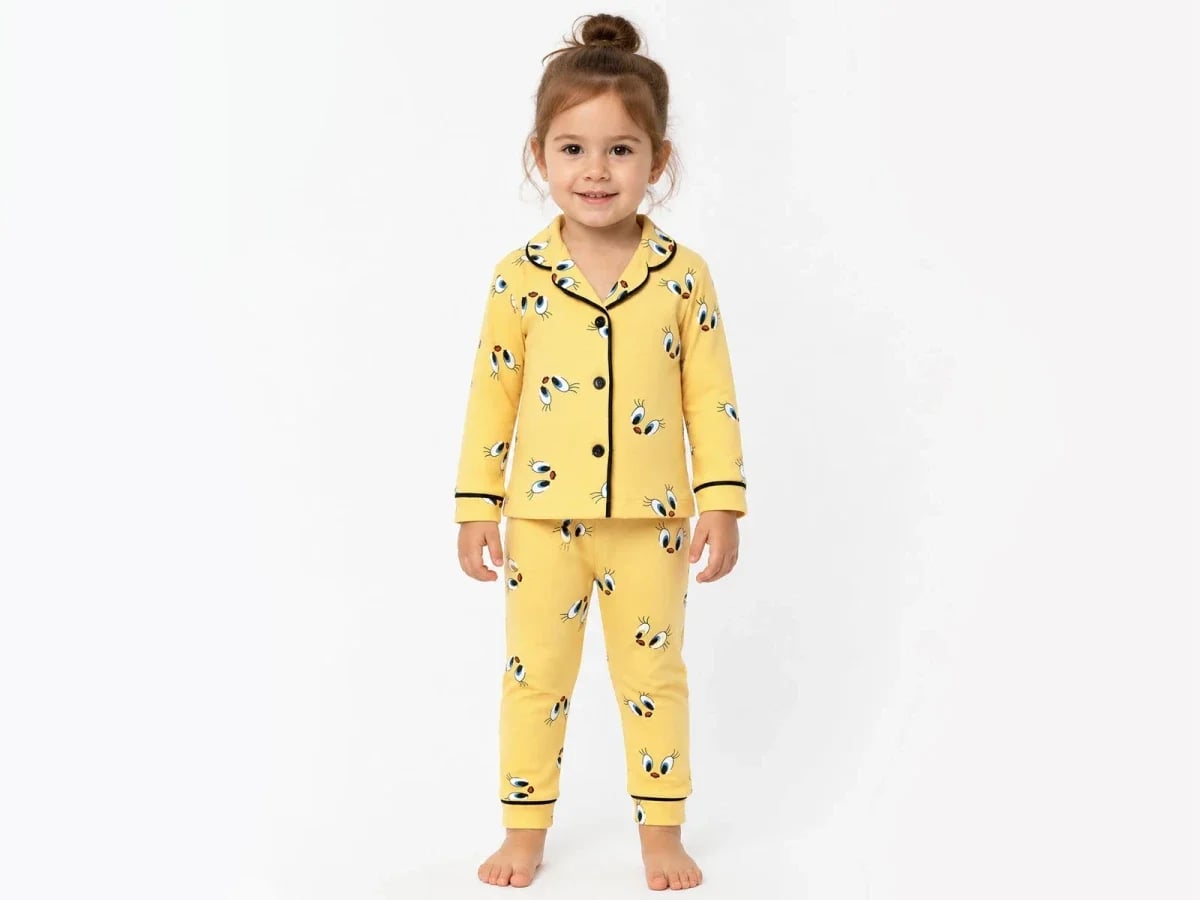 Girls' Pyjama Set with Collared Top and Cartoon Bird Print - Yellow - Dolas - by Peralane