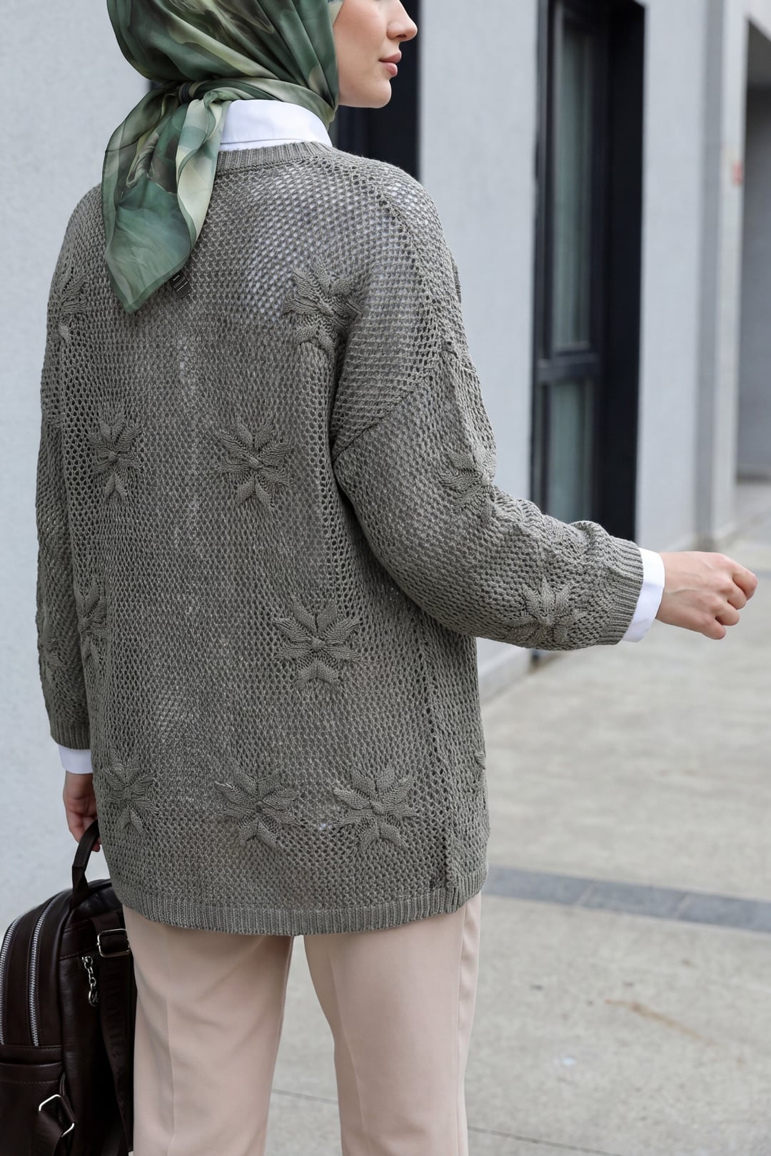 Floral Open-Knit Cardigan - Olive Green - Podyumplus - by Peralane - photo 4