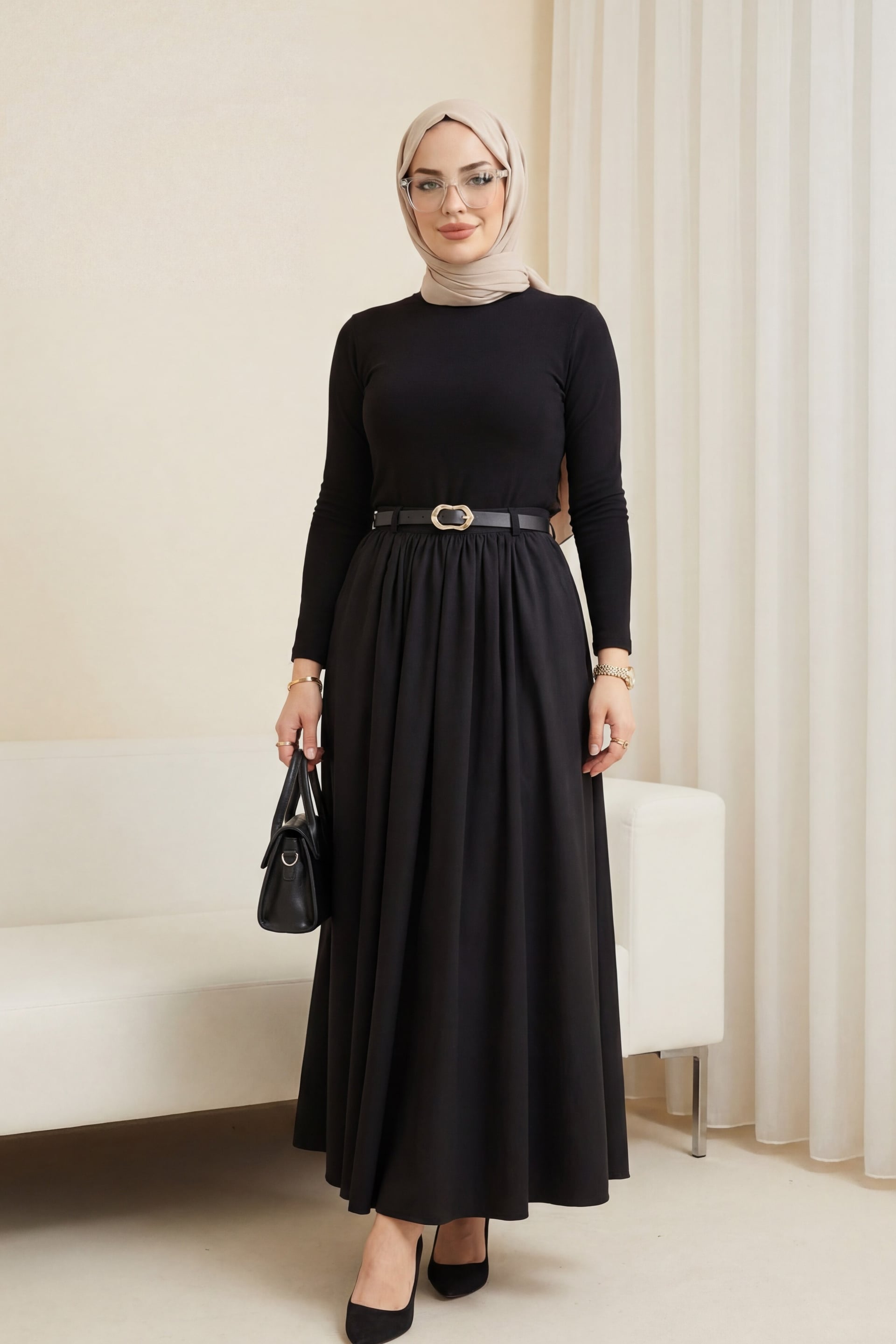 Black Pleated Belted Skirt with Side Pockets and Zip - Women's - Podyumplus - by Peralane - photo 2