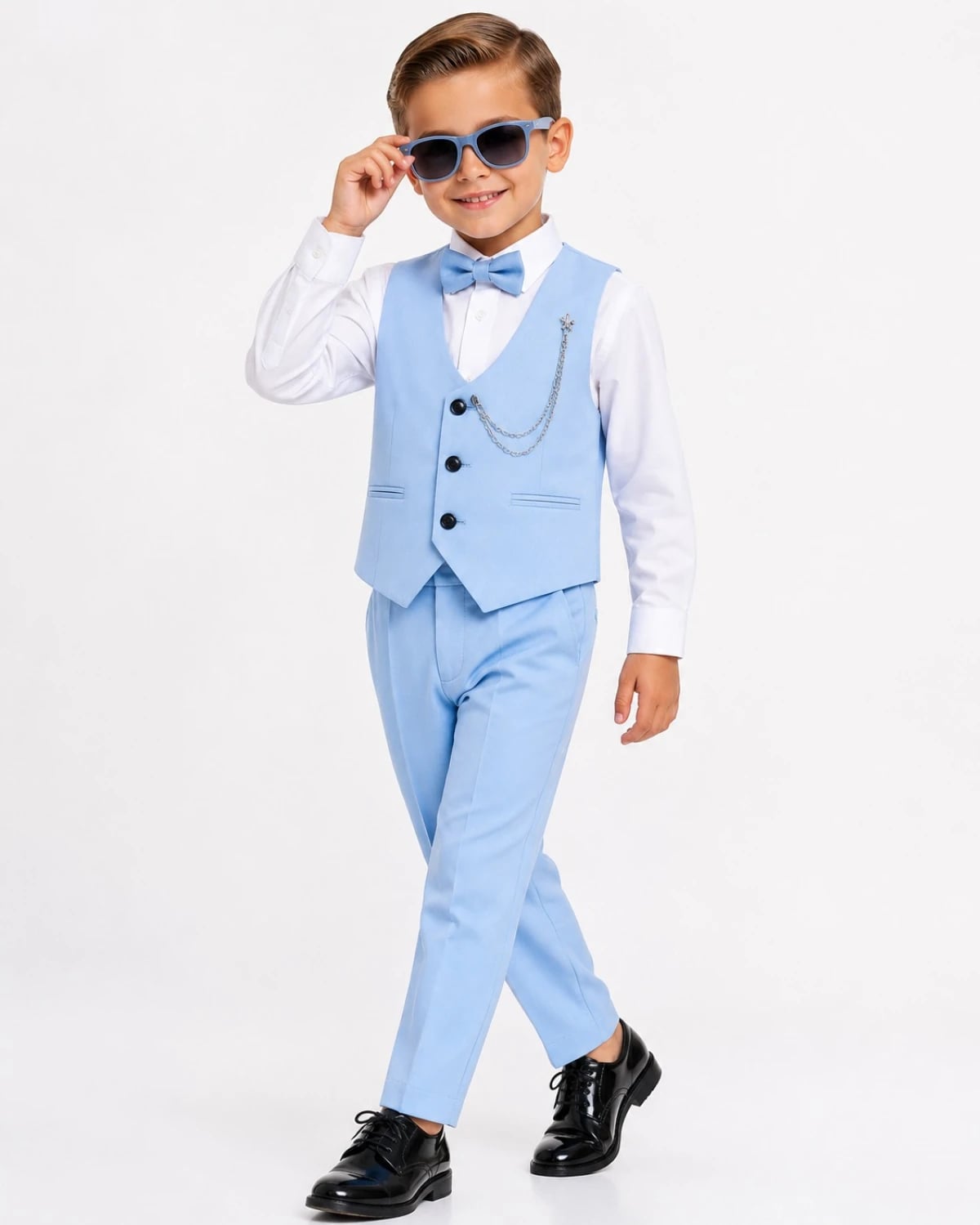 Boys' 4-Piece Knit-Weave Suit with 6-Button Vest in Turquoise - Terry - by Peralane