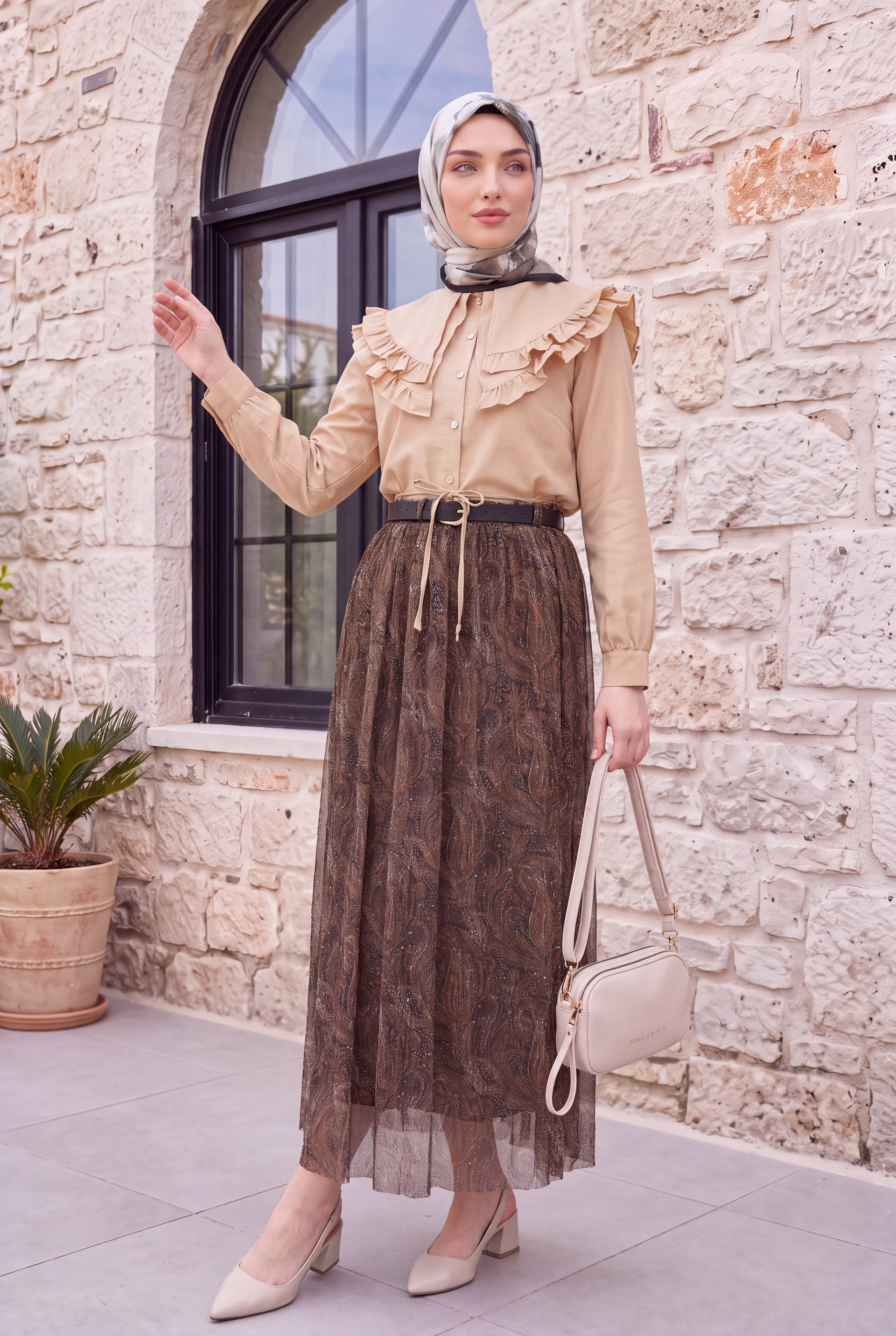Patterned Tulle Skirt with Elastic Waist and Belt - Khaki - Podyumplus - by Peralane - photo 3