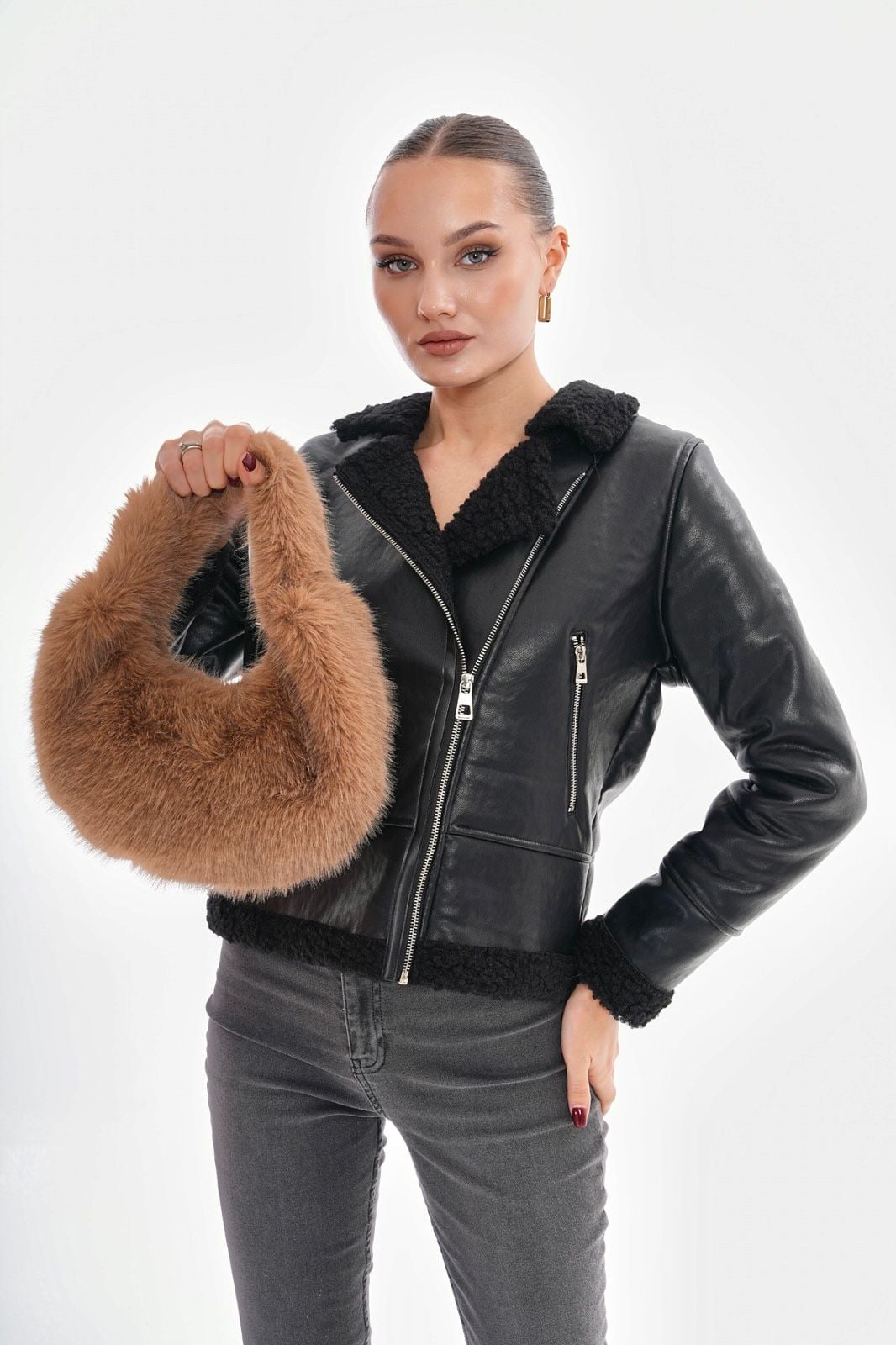 Camel Faux Fur Crescent Handbag for Women - Nesvay - by Peralane