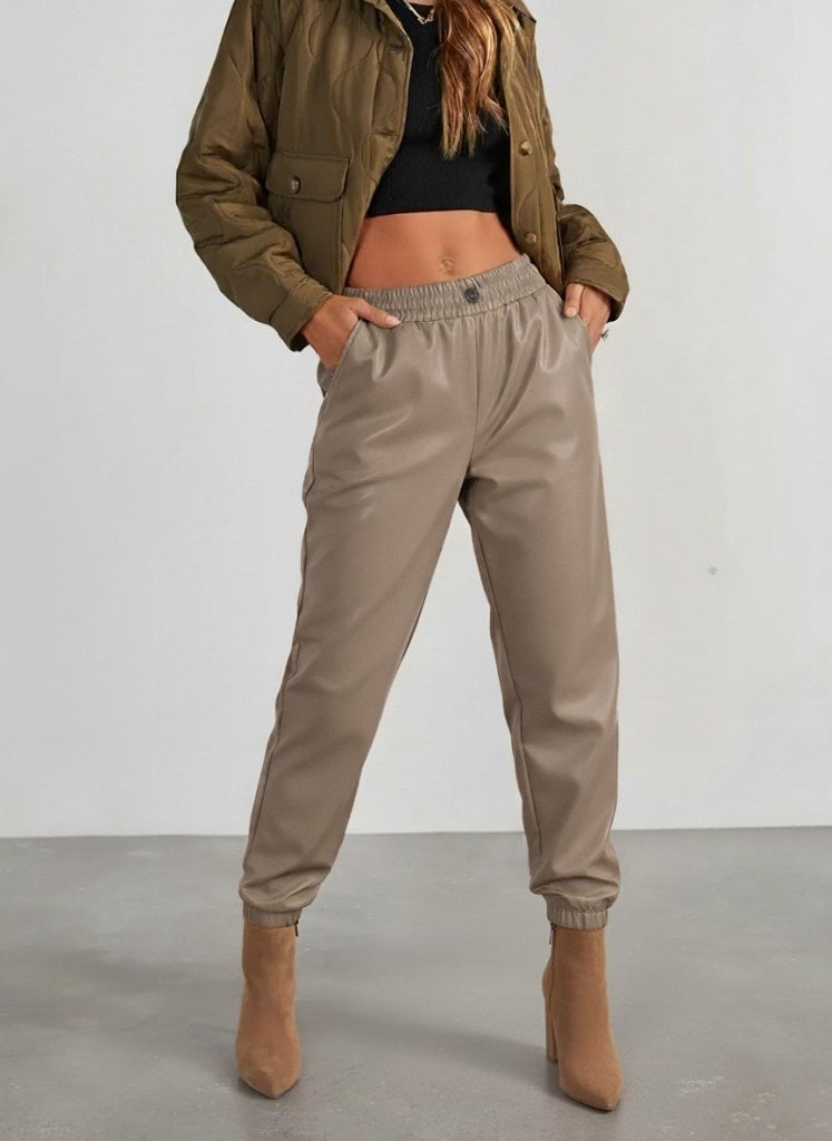 Women's High-Waist Elasticated Faux Leather Trousers with Front Buttons - Janes - by Peralane - photo 2