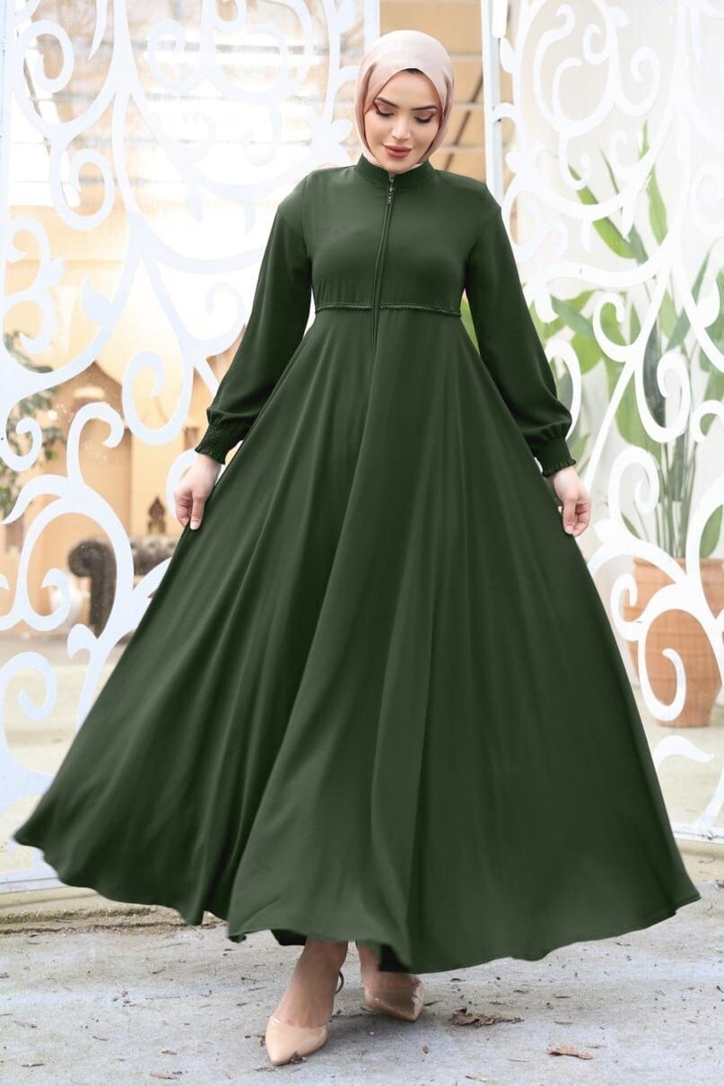 Ruffled Waist Padded Shoulder Abaya with Elasticated Cuffs - Khaki - Podyumplus - by Peralane - photo 3