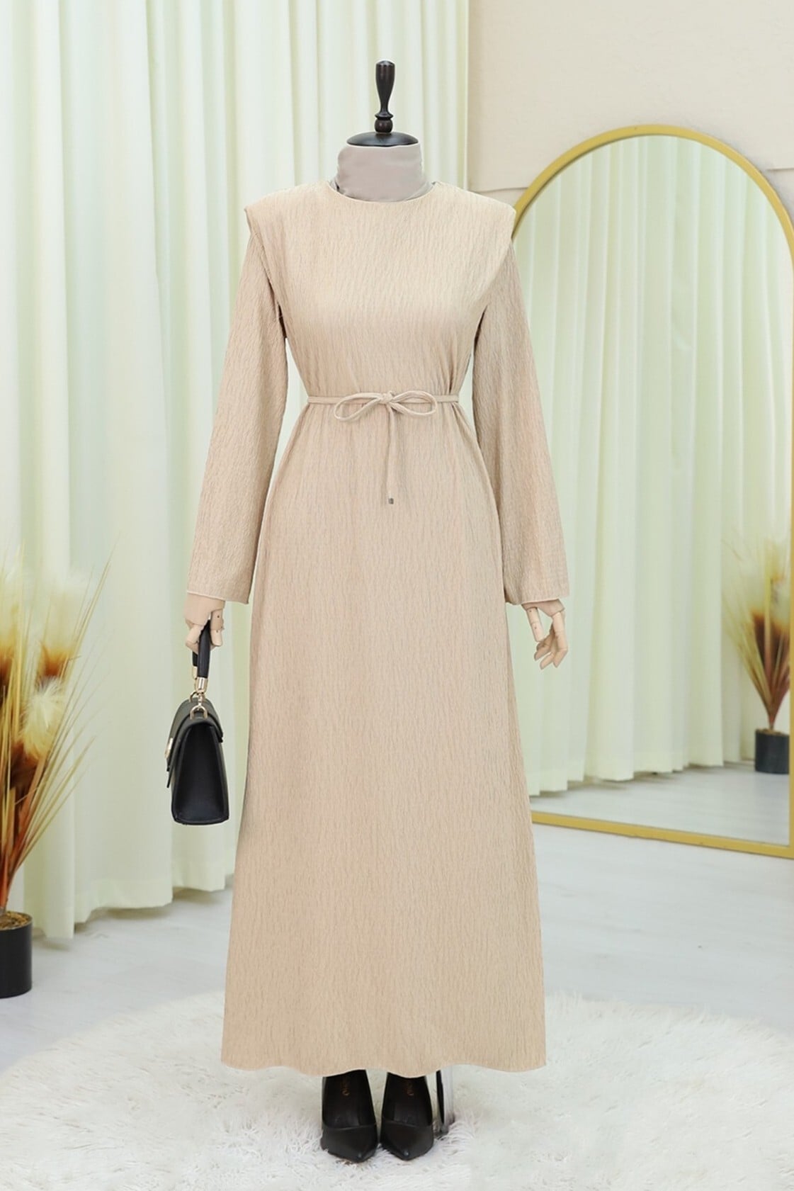 Beige Textured Long-Sleeve Dress with Drawstring Waist - Podyumplus - by Peralane - photo 4