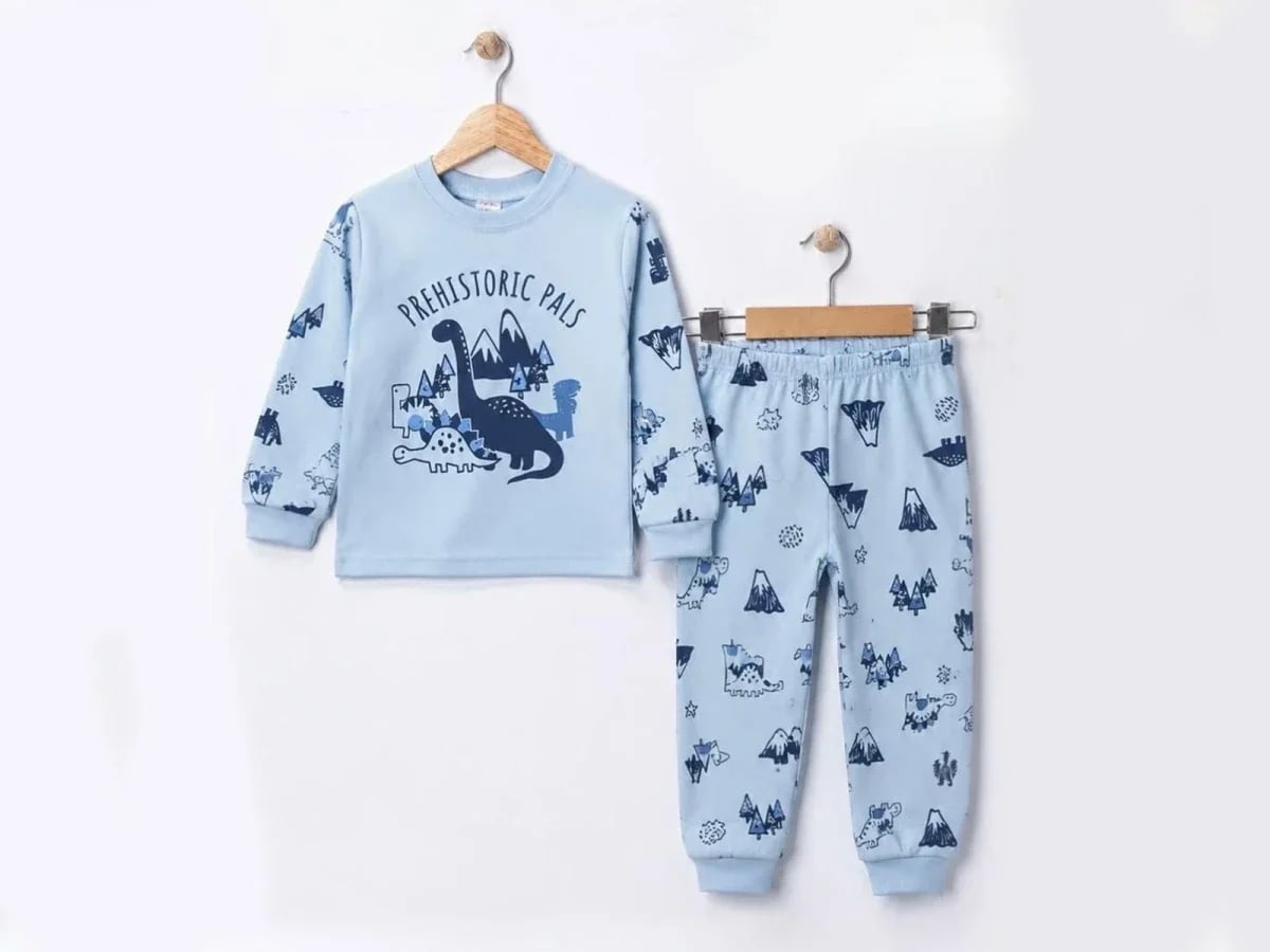 Dinosaur Print Baby Boy Pyjama Set - Light Blue - Supermini - by Peralane