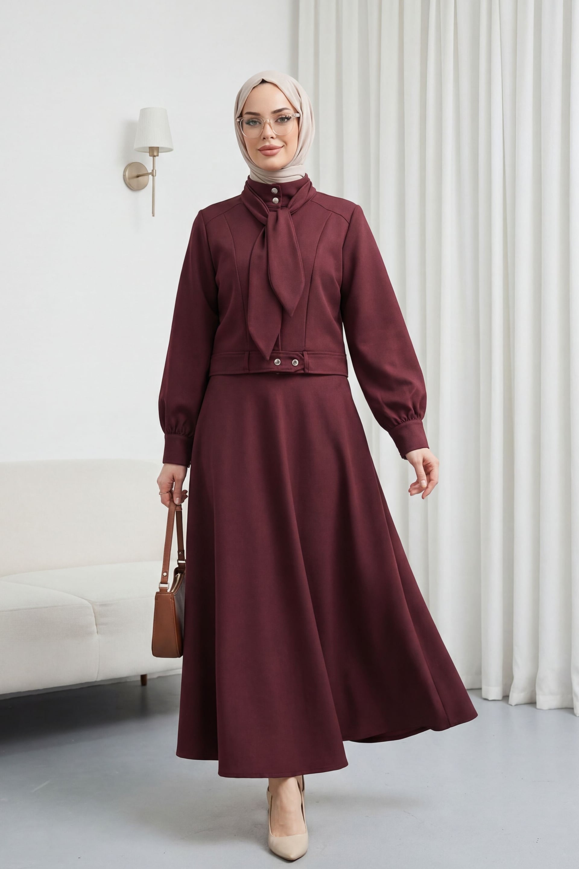 Burgundy Modest Two-Piece Set with Bow Detail Top and Maxi Skirt - Podyumplus - by Peralane - photo 6