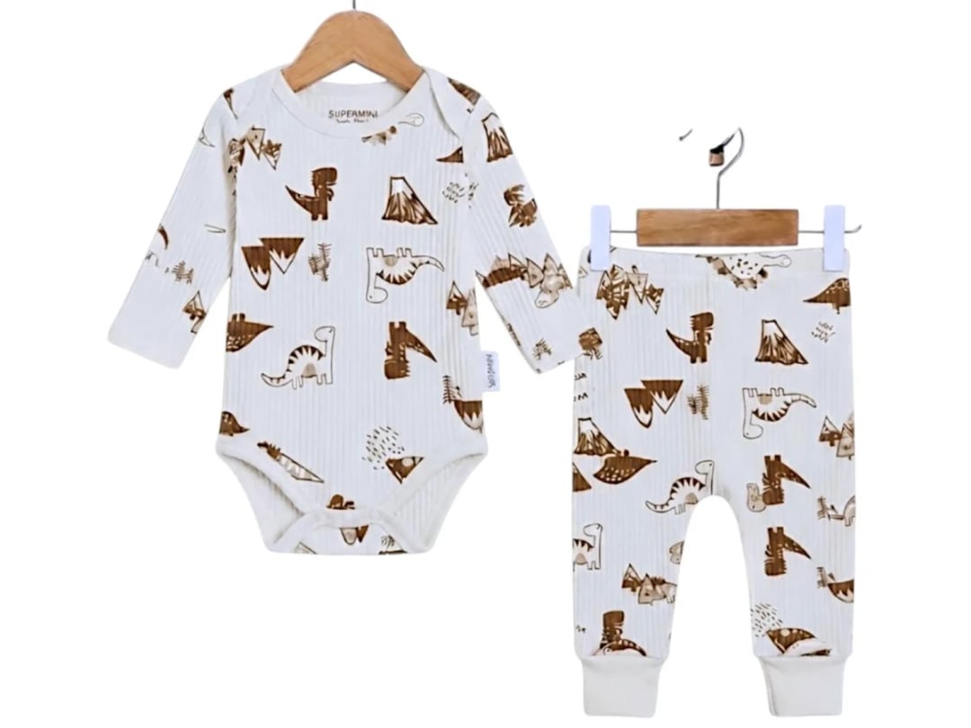 Dino Print Baby Bodysuit and Pants Set - Brown - Supermini - by Peralane