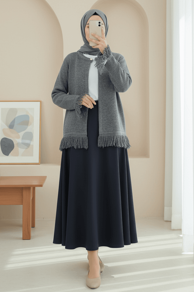 Single Button Fringed Soft Knit Cardigan - Smoke - Podyumplus - by Peralane