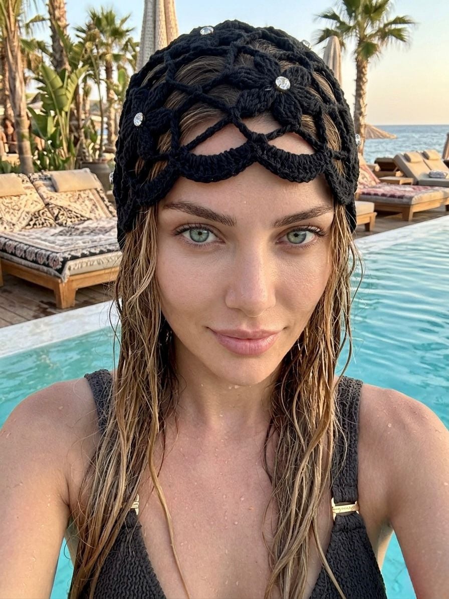 Black Rhinestone Crochet Bandana Hat - Nesvay - by Peralane
