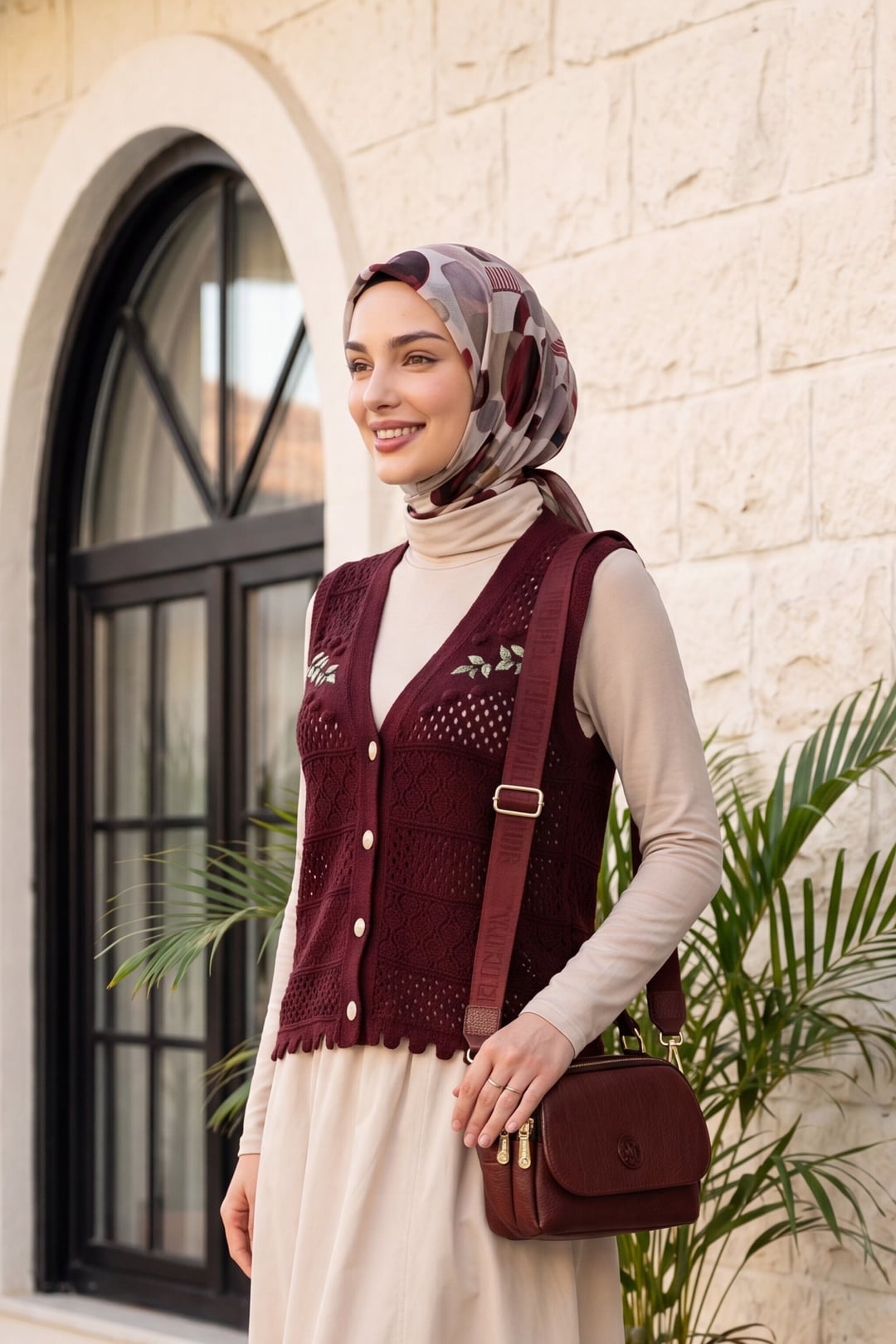 Leaf Embroidered Eyelet Pompom Knitted Vest - Burgundy - Podyumplus - by Peralane