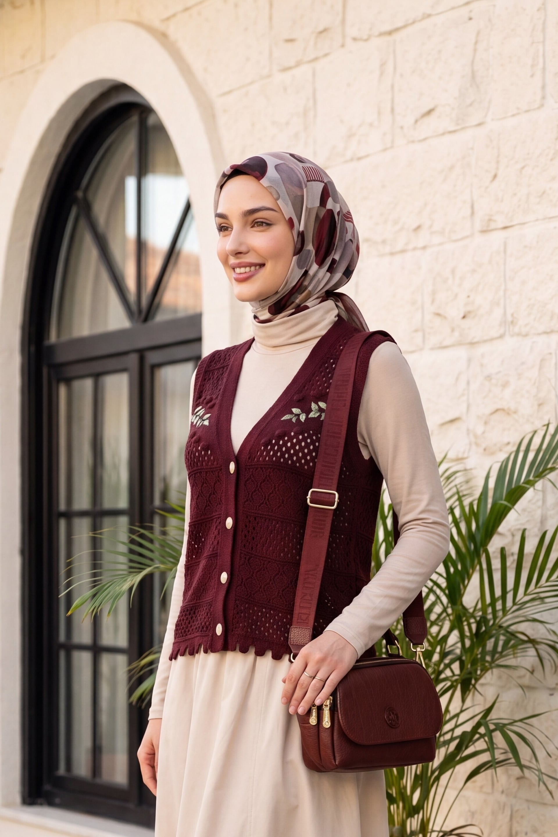 Leaf Embroidered Eyelet Pompom Knitted Vest - Burgundy - Podyumplus - by Peralane