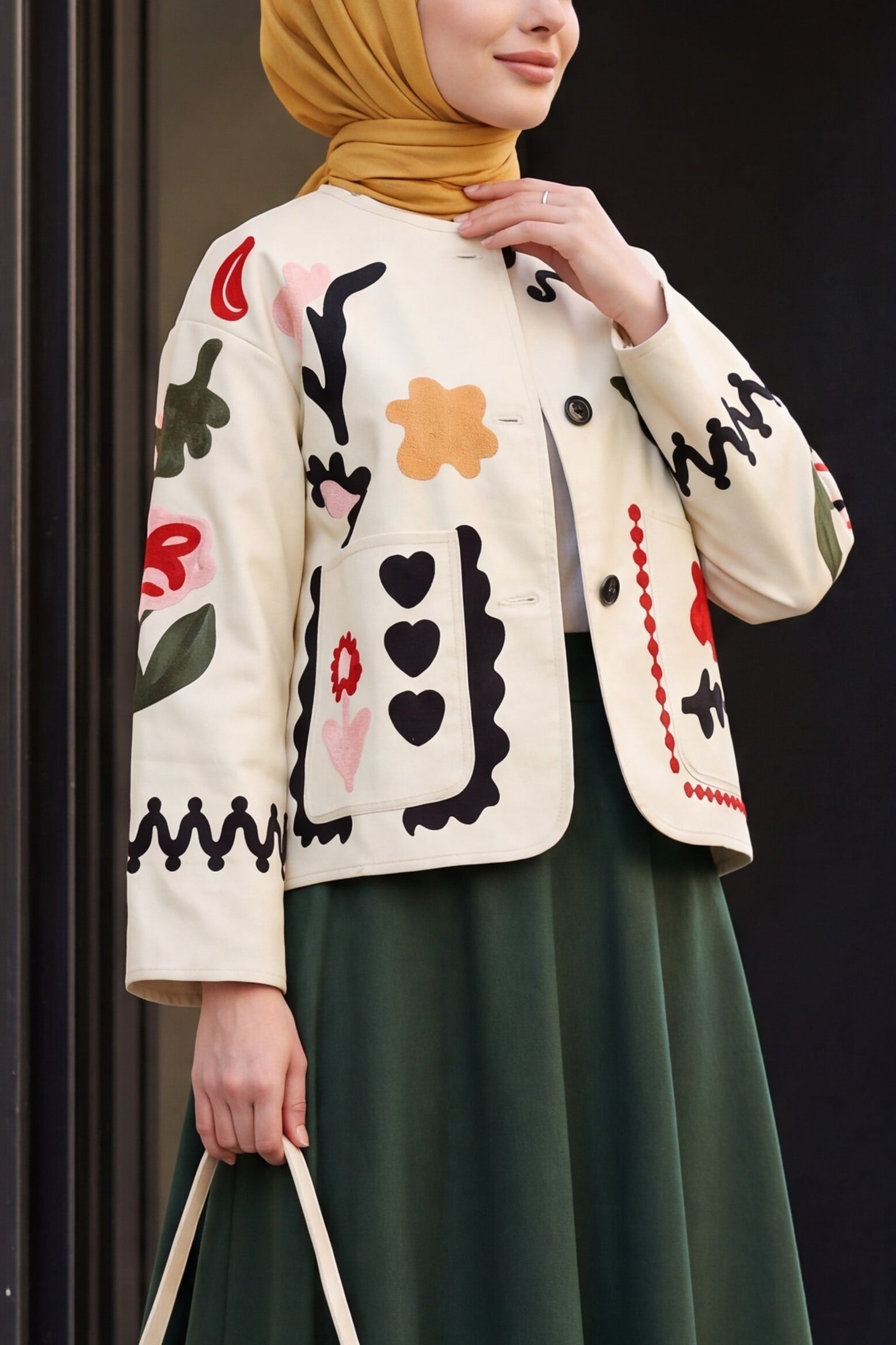 Cream Embroidered Pocket Gabardine Jacket with Button Front - Podyumplus - by Peralane