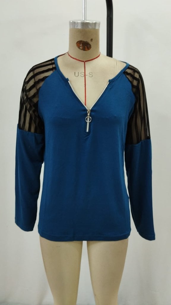 Women's Long-Sleeved V-Neck Blouse with Zipper and Sheer Striped Sleeves - Janes - by Peralane - photo 4