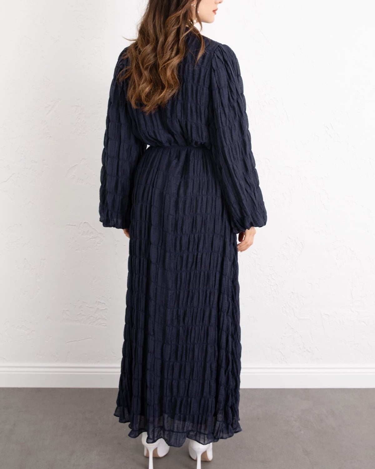 Navy Blue Lined Modal Dress with Elastic Cuffs and Puff Sleeves - Modest Style - Podyumplus - by Peralane - photo 4