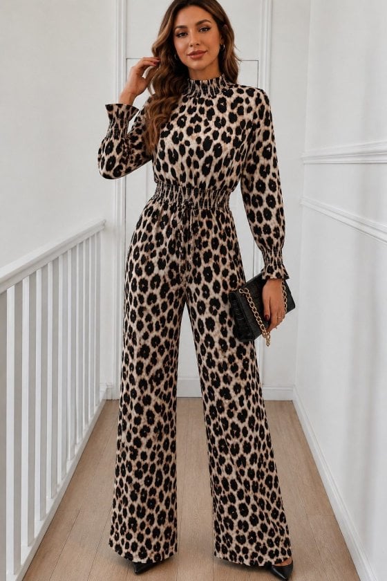 Women's Long-Sleeve Mock Neck Leopard Print Drawstring Jumpsuit - Janes - by Peralane - photo 2