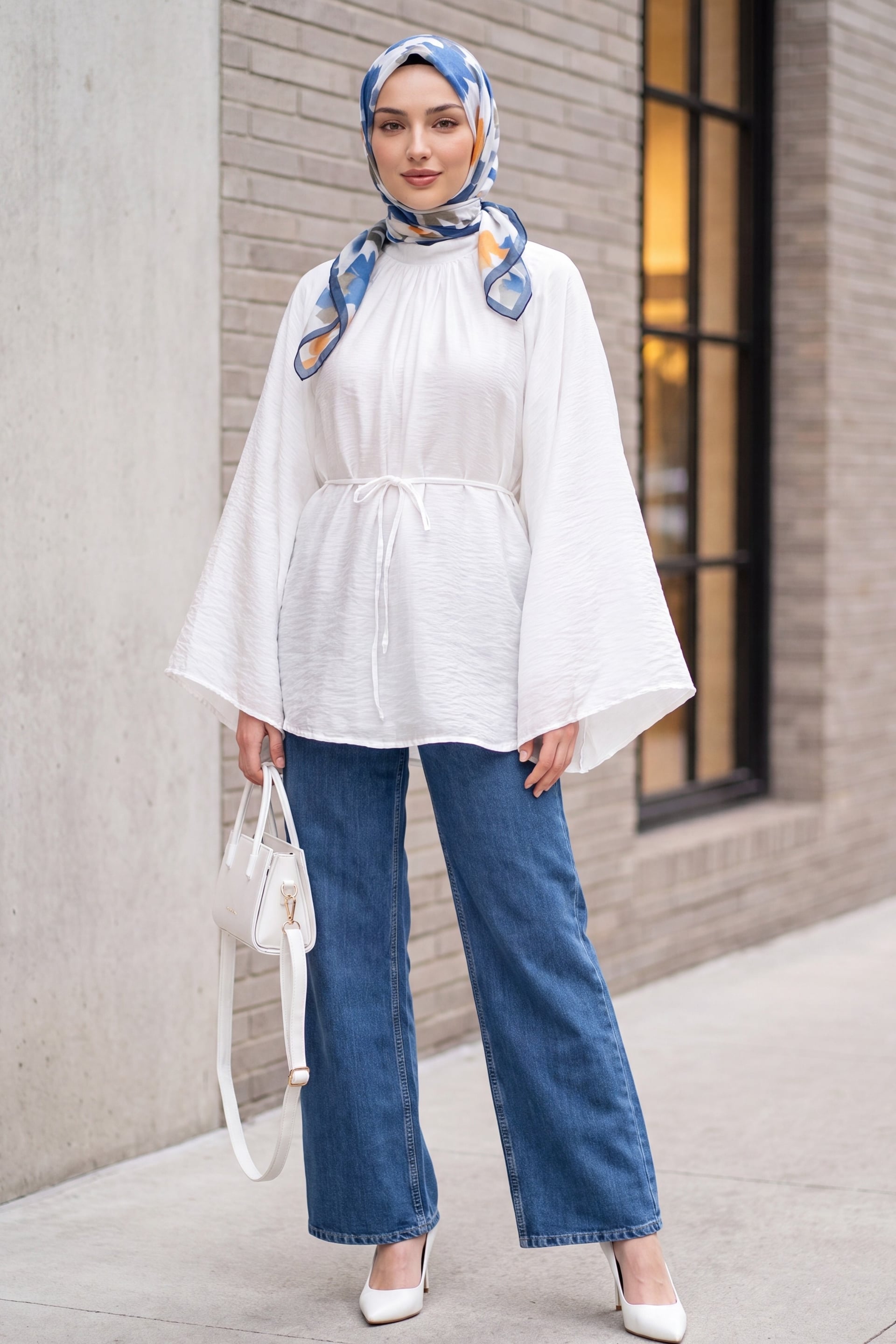 High Neck Belted Lined Spanish Sleeve Oversize Lyocell Tunic - White - Podyumplus - by Peralane - photo 5