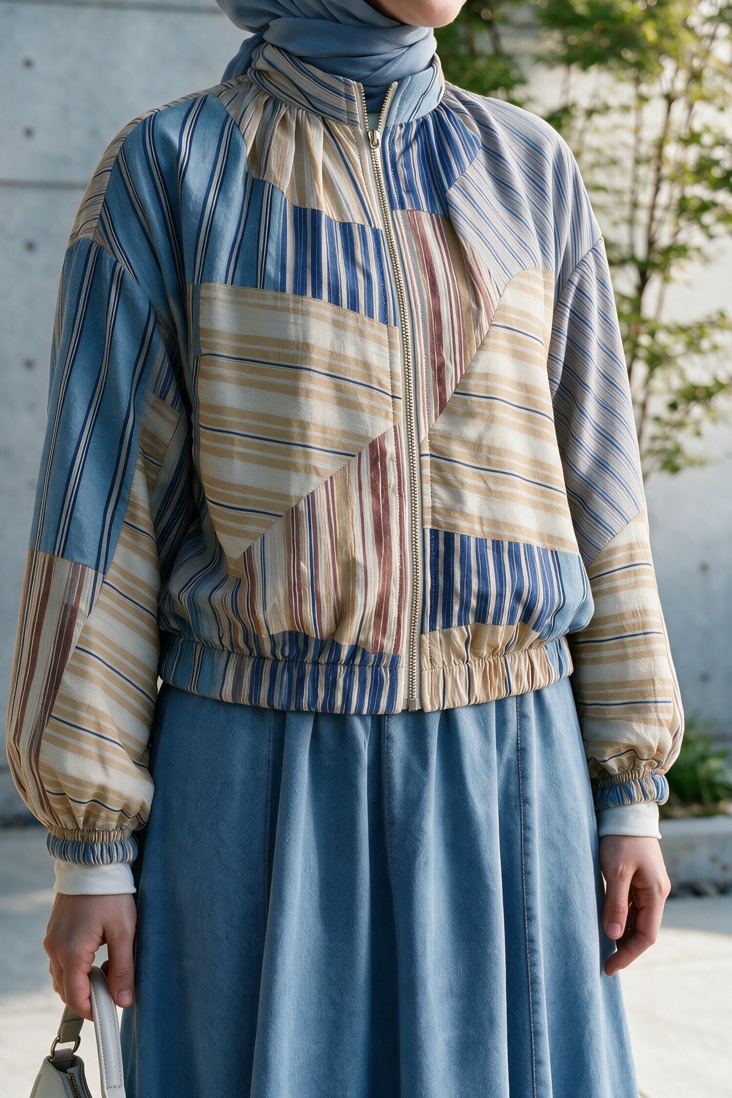 Zip-Front Patchwork Bomber Jacket - Light Blue - Podyumplus - by Peralane - photo 2