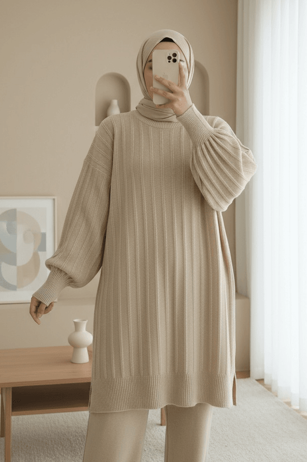Ribbed Slit Soft Knit Tunic - Light Beige - Podyumplus - by Peralane