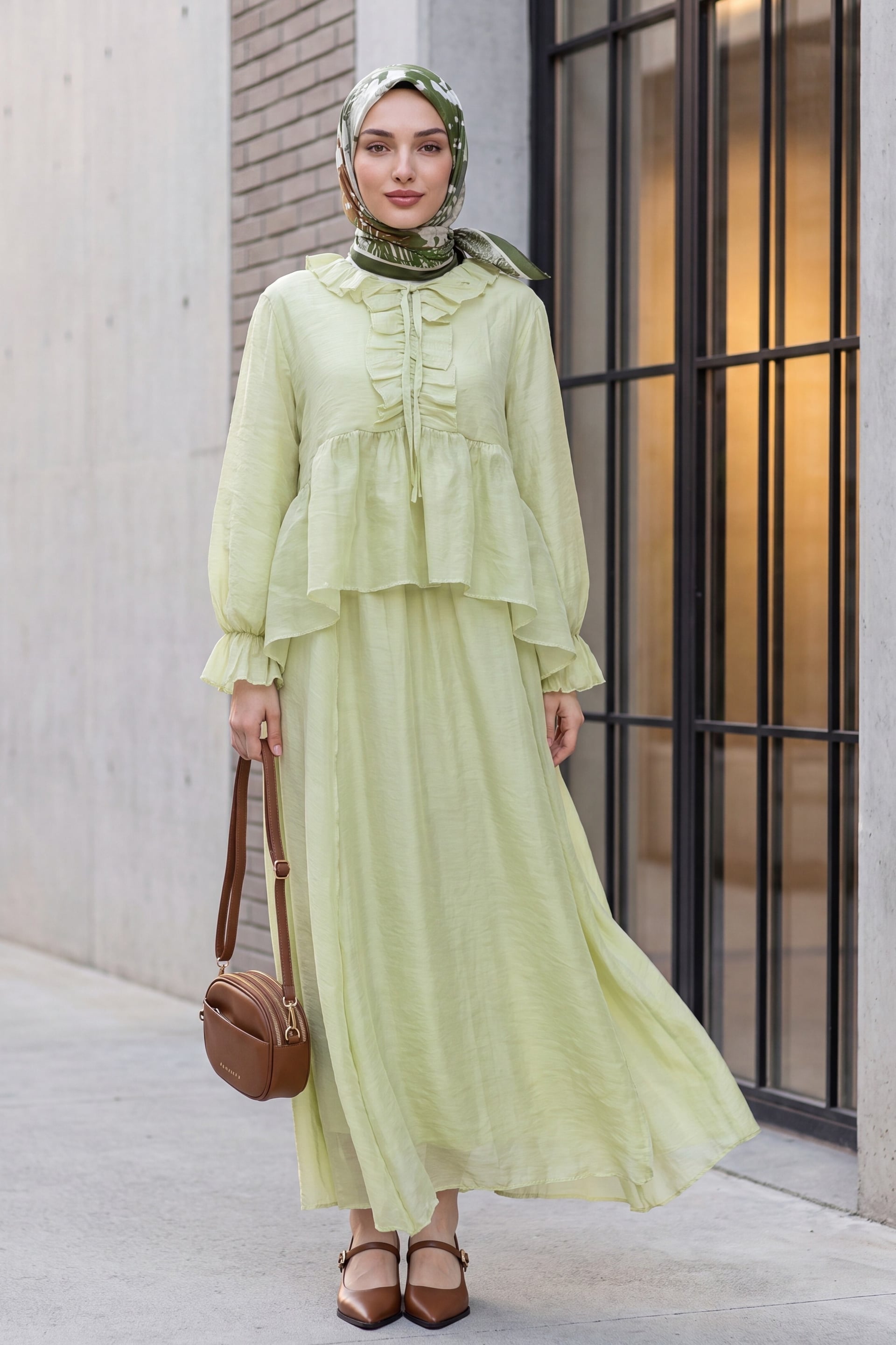 Tie-Neck Ruffled Sleeve Asymmetric Tulle Voile Co-ord Set in Pale Green - Podyumplus - by Peralane - photo 3