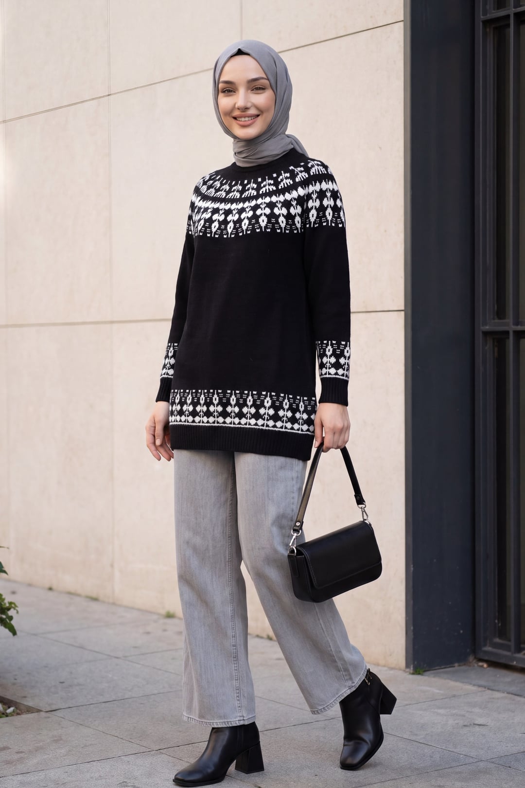 Half Collar Patterned Knit Tunic - Black - Podyumplus - by Peralane - photo 4