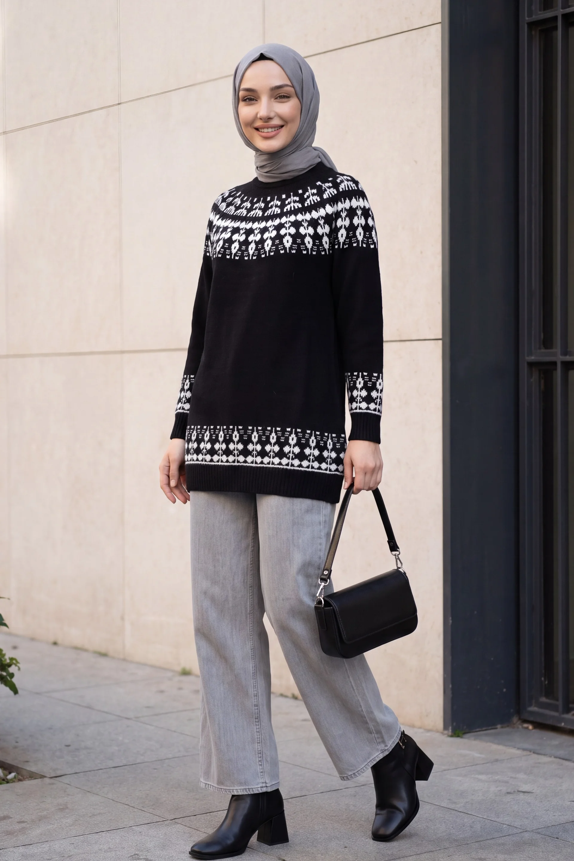 Half Collar Patterned Knit Tunic - Black - Podyumplus - by Peralane - photo 4
