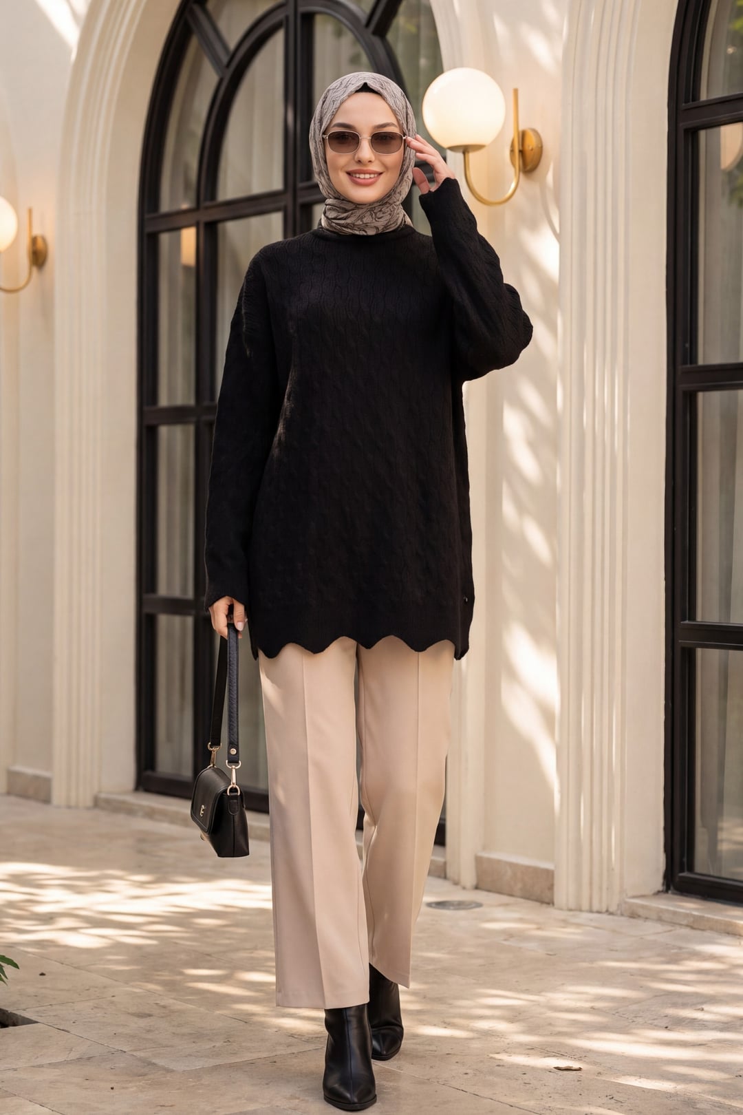 Black Chain Pattern Scoop Neck Oversized Knit Tunic - Podyumplus - by Peralane - photo 4