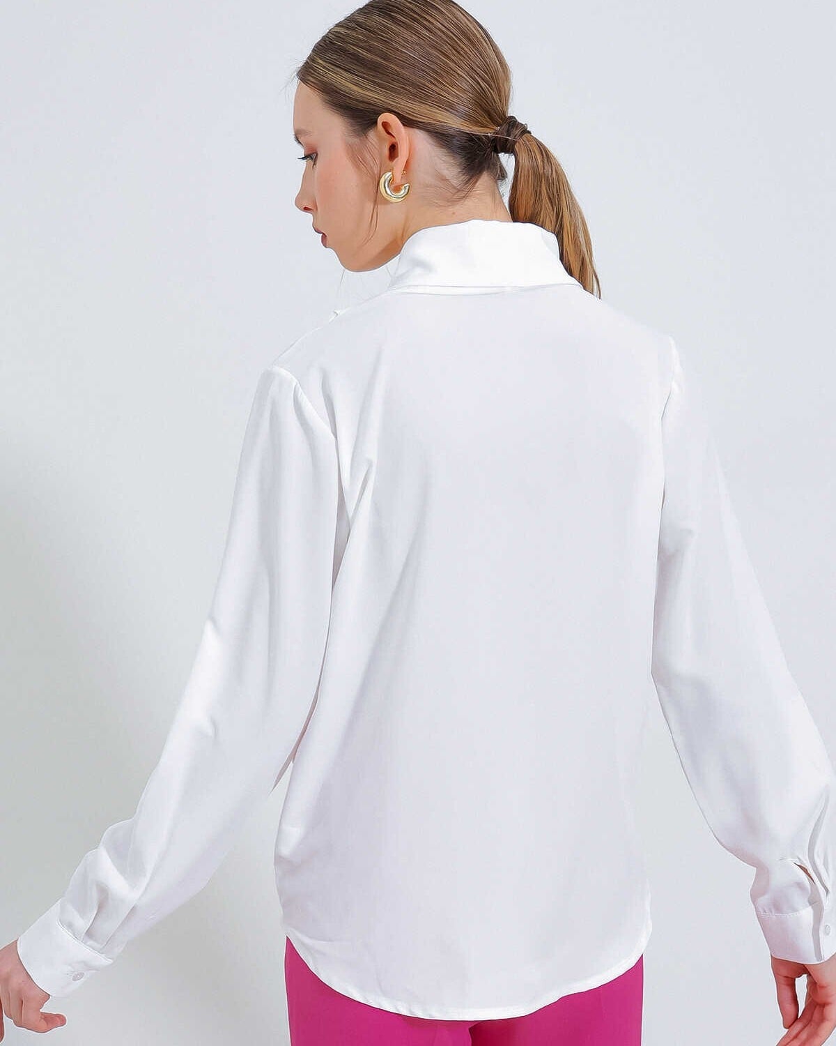 Women's White Wrap Collar Draped Satin Blouse 0492 - Bigdart - by Peralane - photo 5