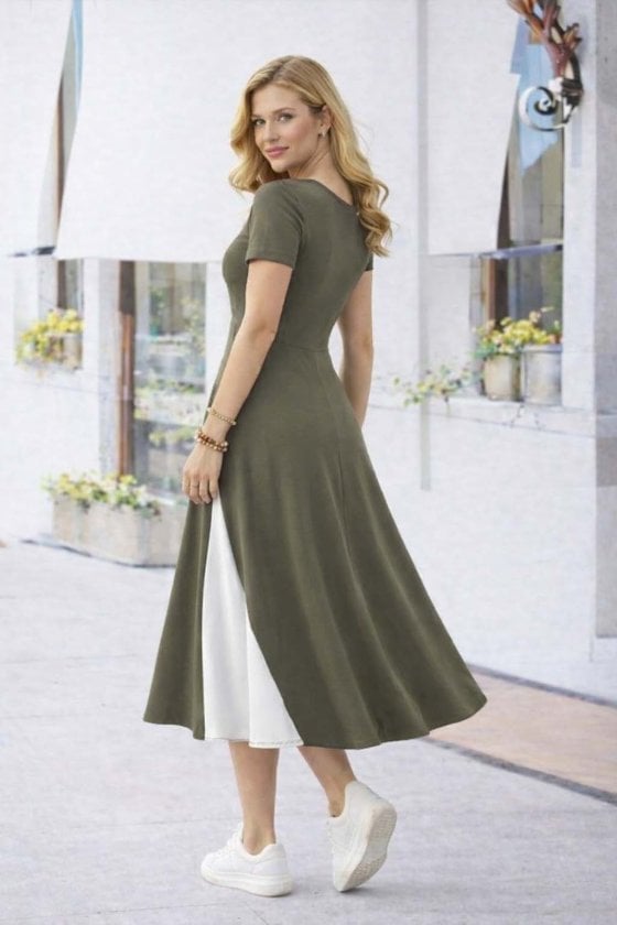 Women's Short-Sleeve Asymmetric Neck Button Detail Midi Viscose Dress - Janes - by Peralane - photo 3
