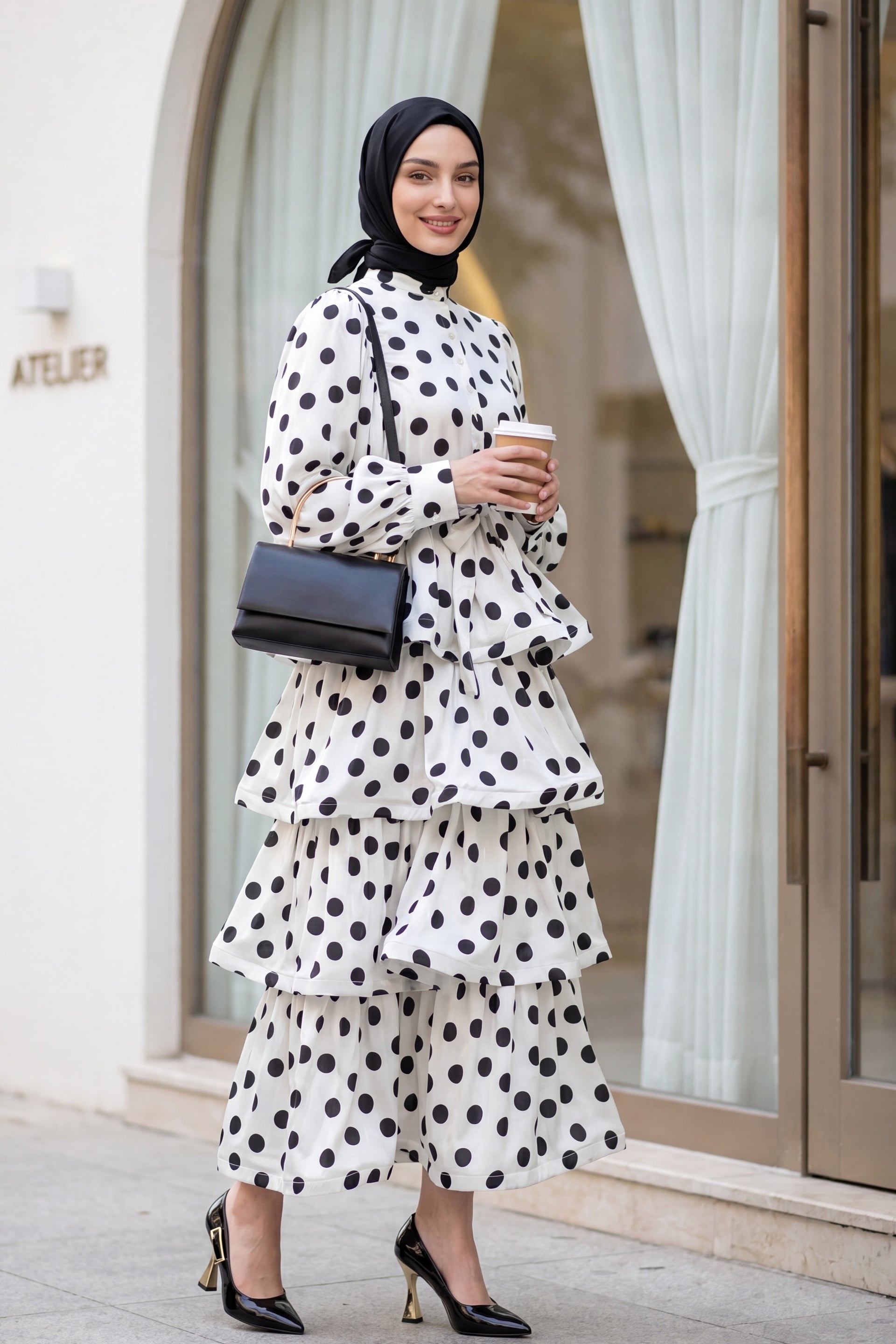 Polka Dot Tiered Button Belted Batwing Sleeve Satin Dress - White - Podyumplus - by Peralane - photo 4