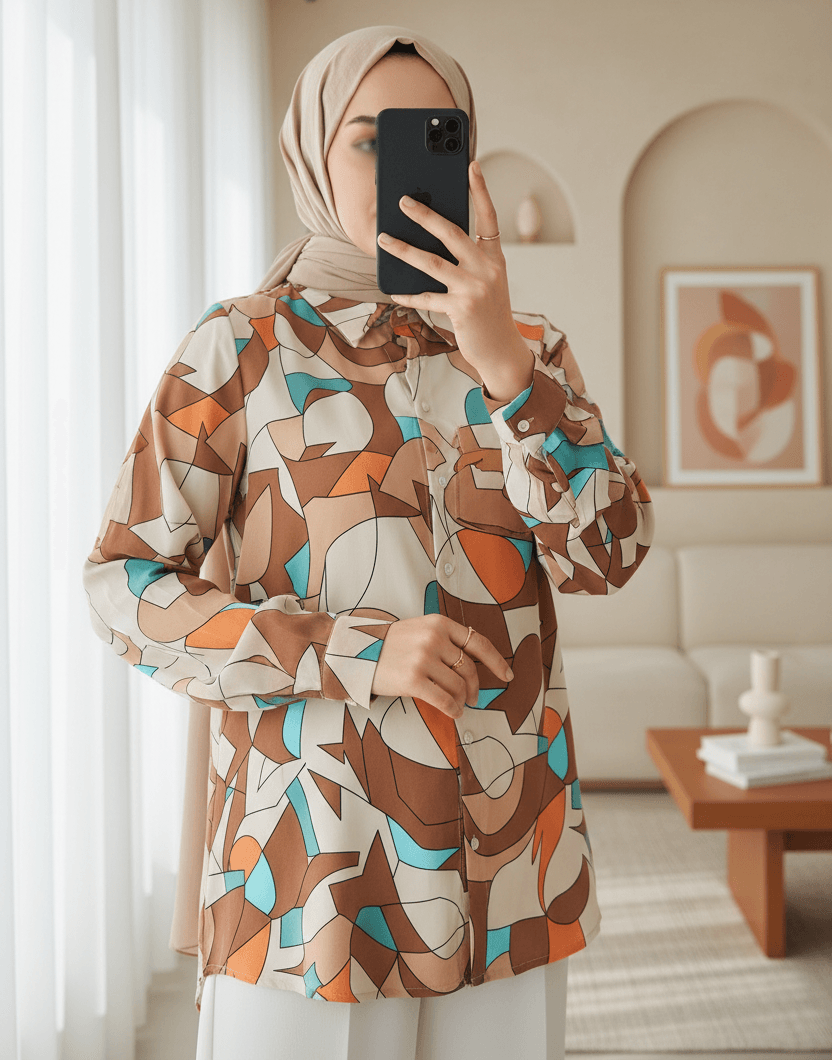 Women's Graphic Print Long-Sleeve Shirt - Light Brown - Bigdart - by Peralane - photo 2