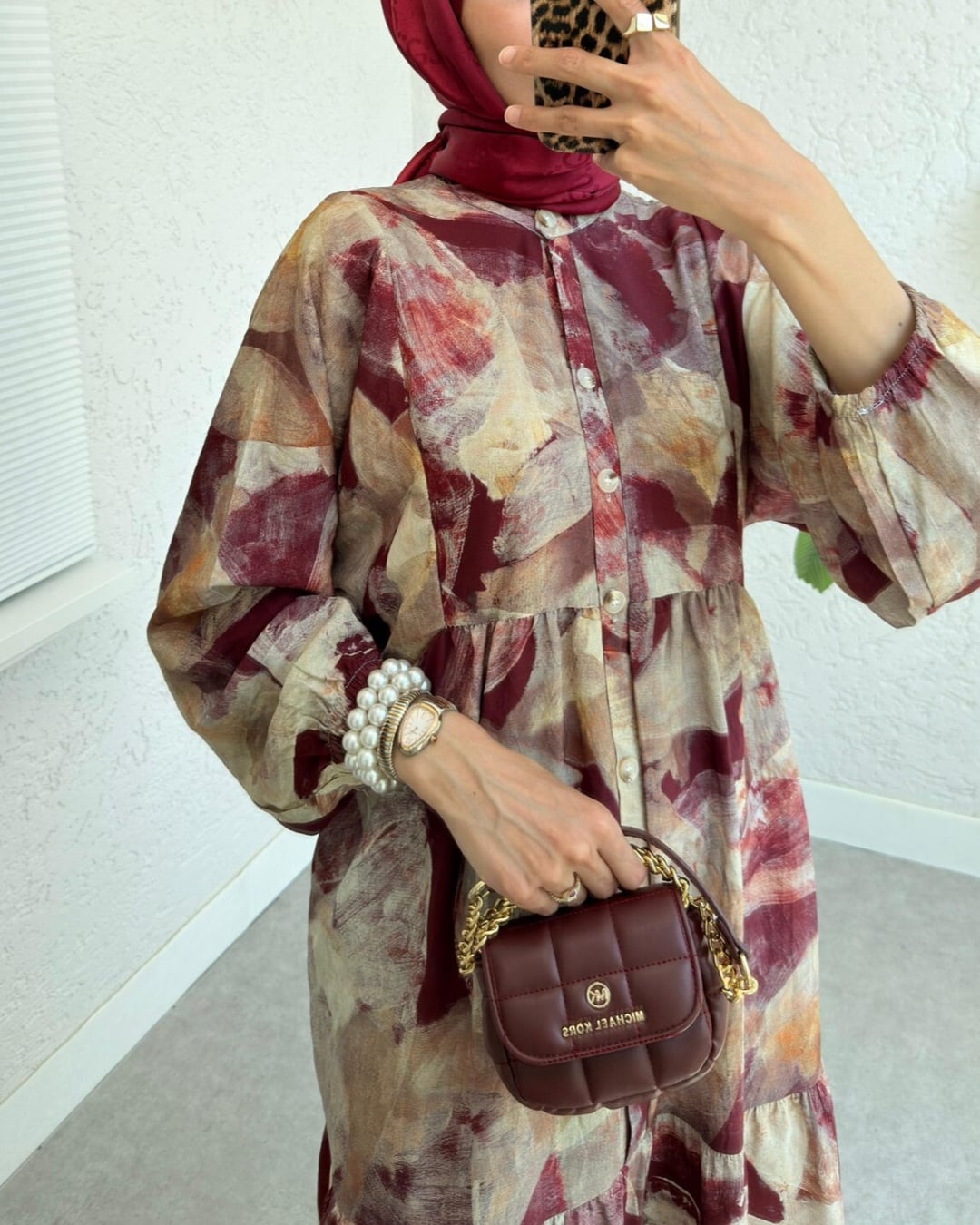 Half Button Batik Print Dress with Elastic Sleeves - Bordeaux - Podyumplus - by Peralane - photo 6