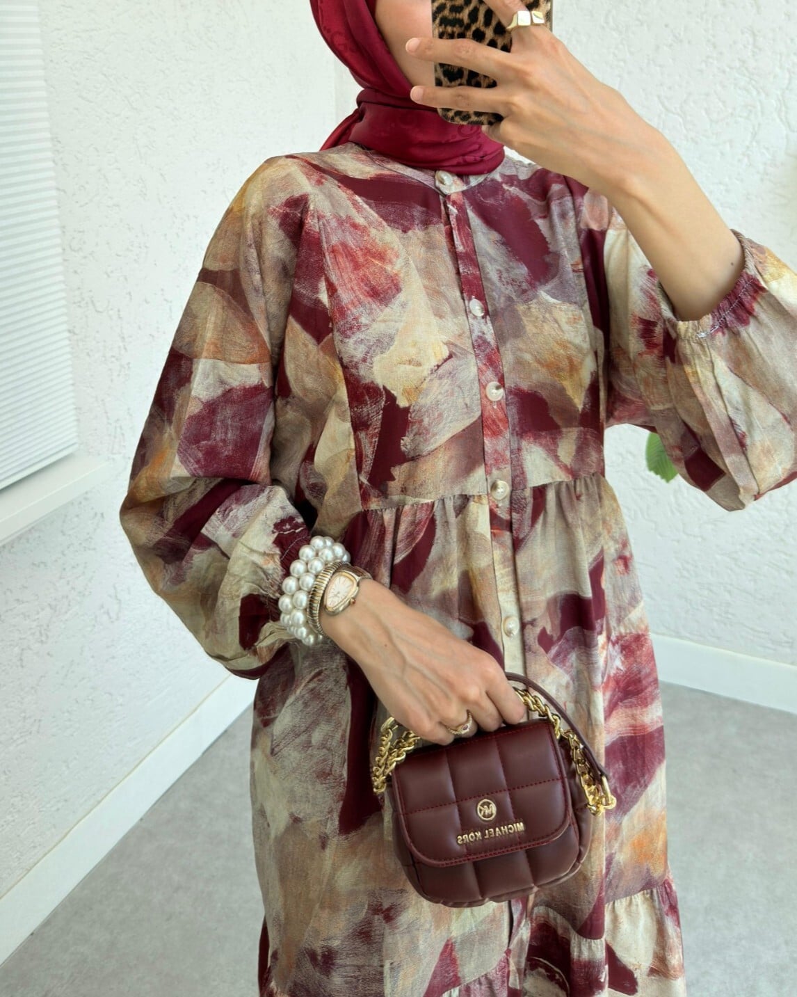 Half Button Batik Print Dress with Elastic Sleeves - Bordeaux - Podyumplus - by Peralane - photo 6