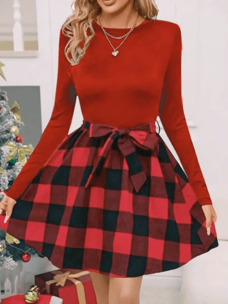 Women's Long-Sleeve Round Neck Top with Plaid Skirt Dress - Janes - by Peralane - photo 13