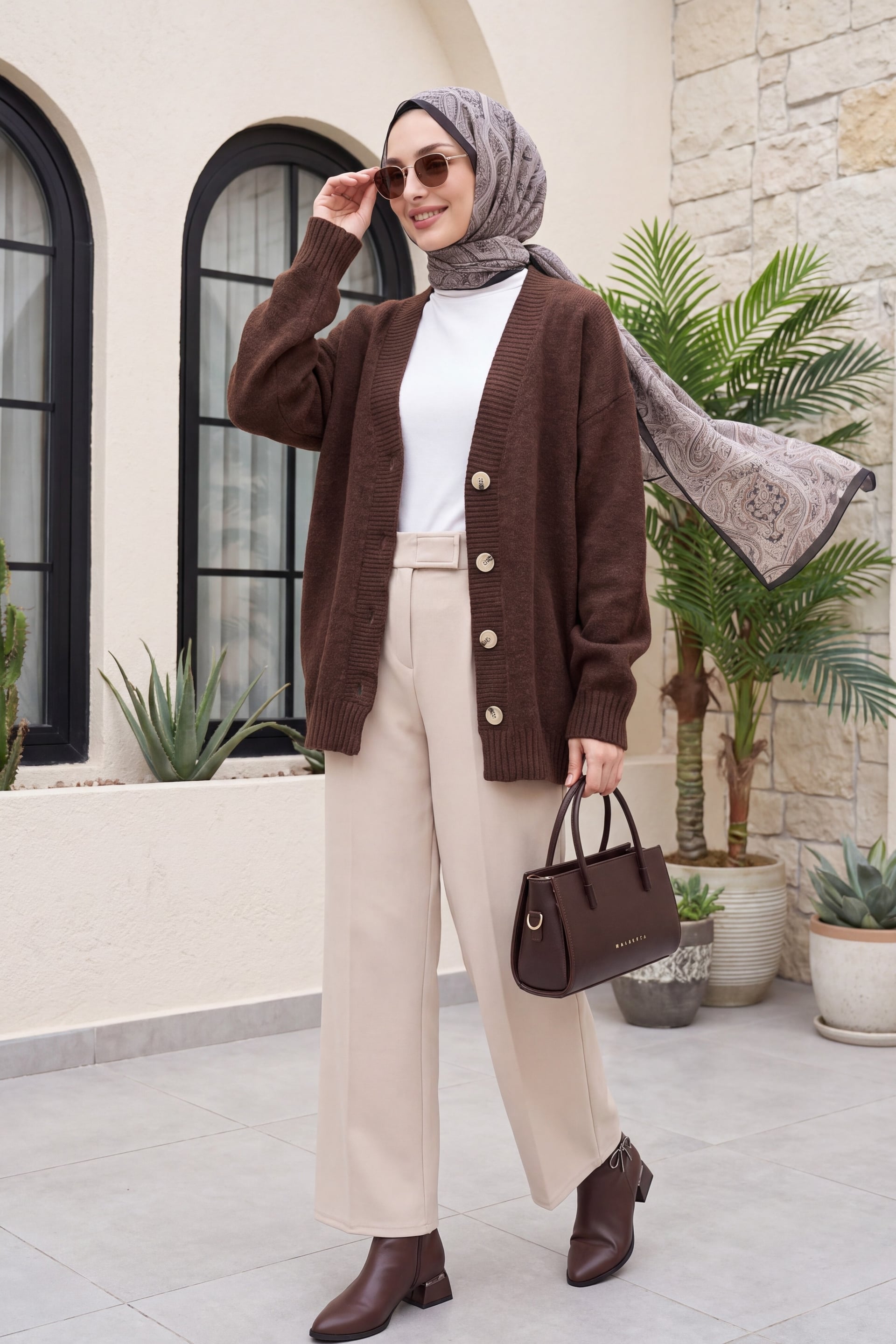 Brown V-Neck Button-Front Relaxed Knit Cardigan - Women's - Podyumplus - by Peralane - photo 3
