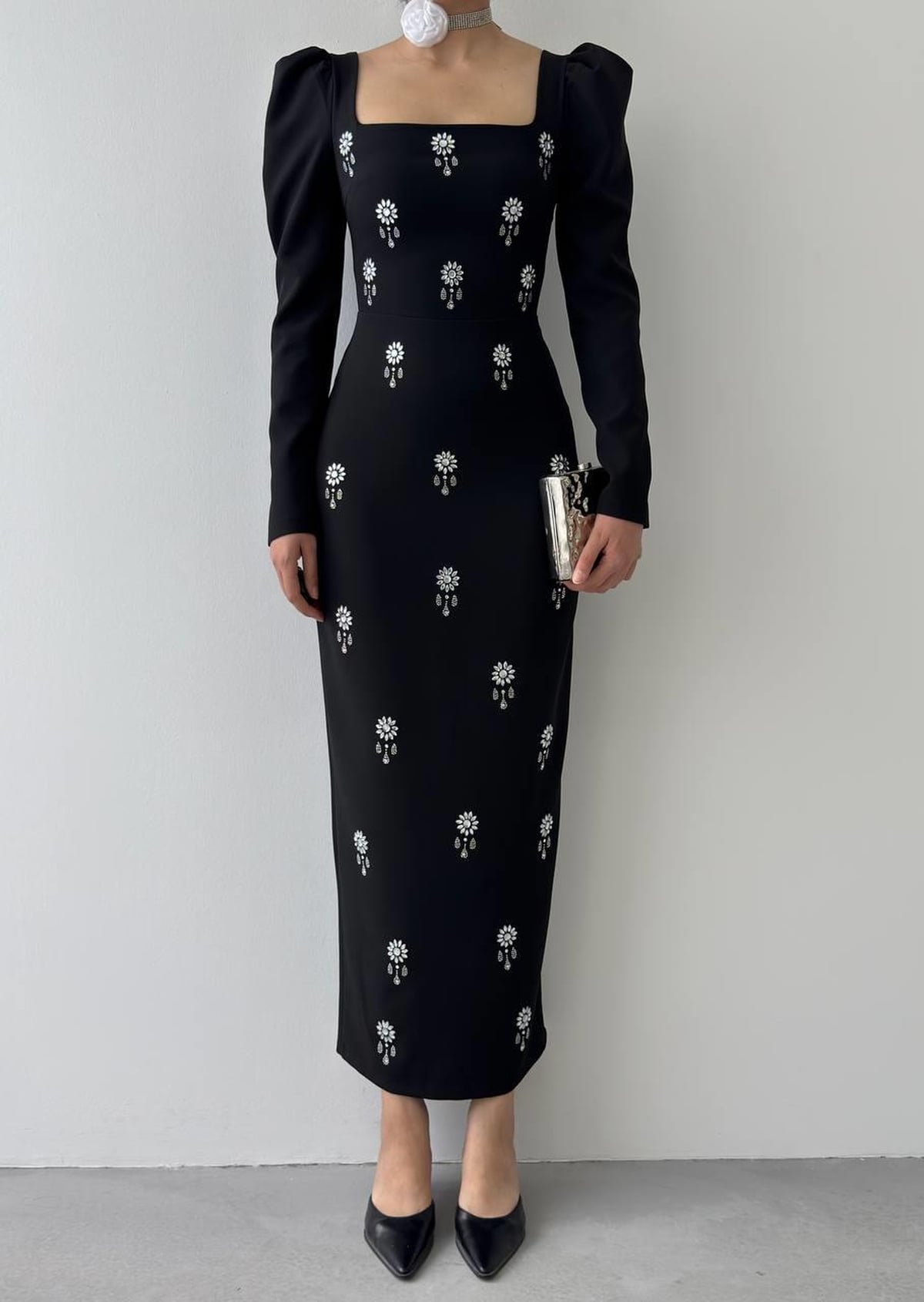 Black Long-Sleeved Dress with Floral Embellished Print - Etika - by Peralane - photo 2