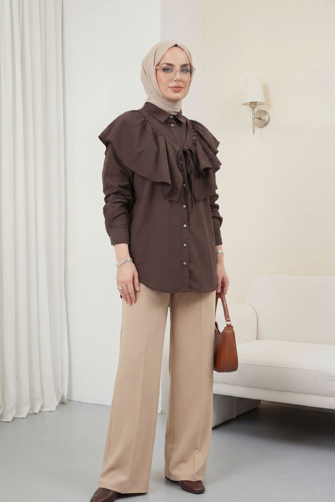 Women's Poplin Tunic with Cape Detail and Button Front - Dark Brown - Podyumplus - by Peralane - photo 5