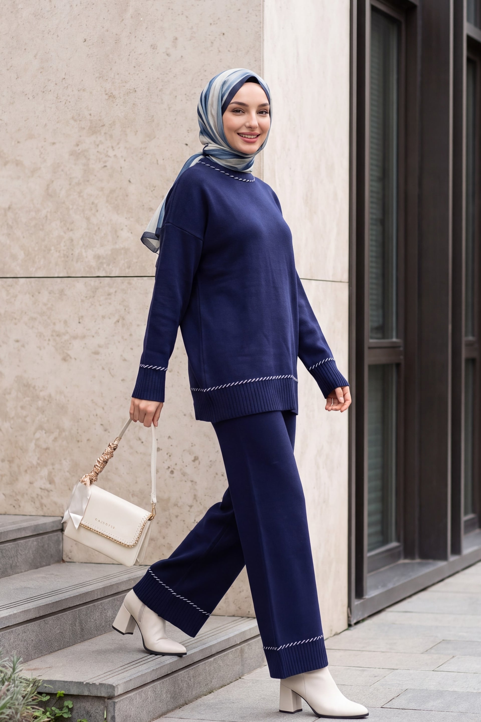 Navy Blue Ribbed Trim Knit Sweater and Wide-Leg Trousers Set - Podyumplus - by Peralane - photo 4