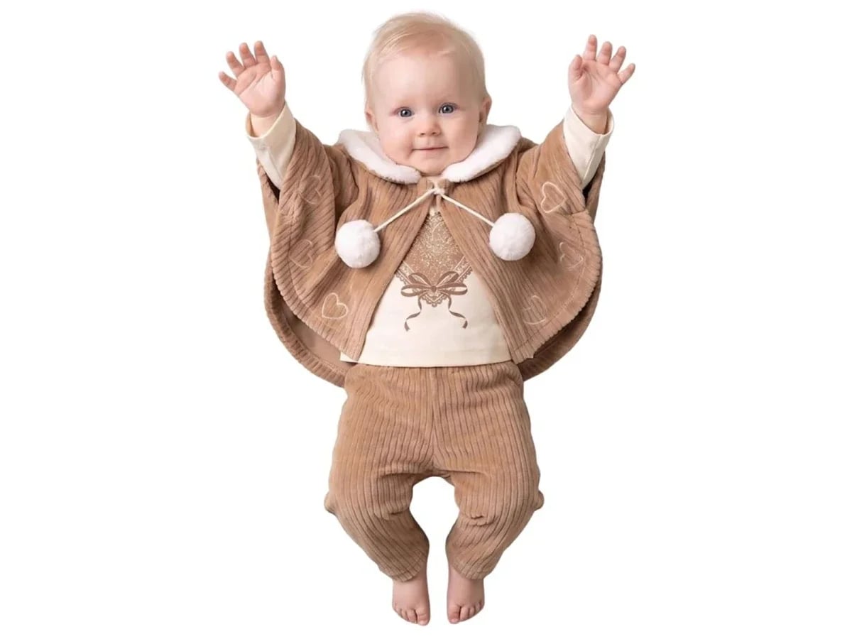 3-Piece Baby Girls' Set with Poncho, Top, and Trousers in Brown - Elci Baby - by Peralane